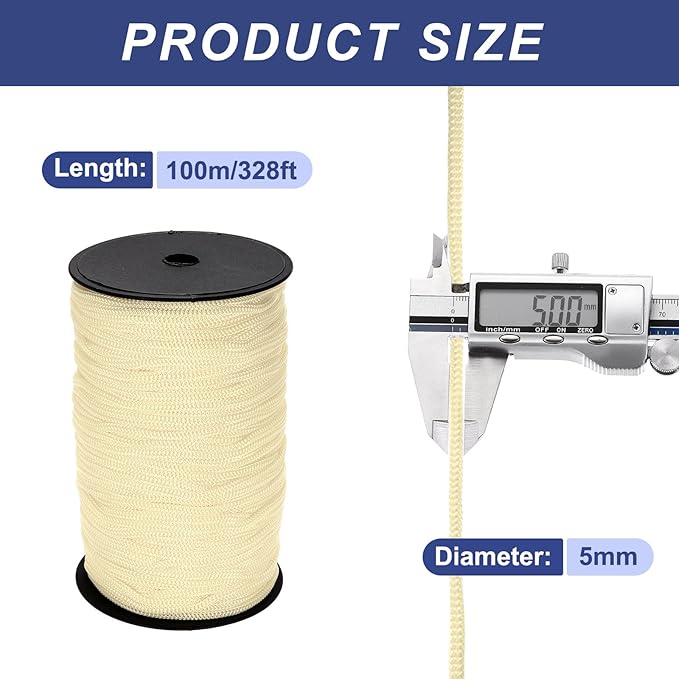MECCANIXITY 3/16 Inch Polypropylene Rope Braided Ropes, 328ft Nylon Rope Hollow Utility Cord for Clothesline, Camping, Hiking, Outdoor, Beige