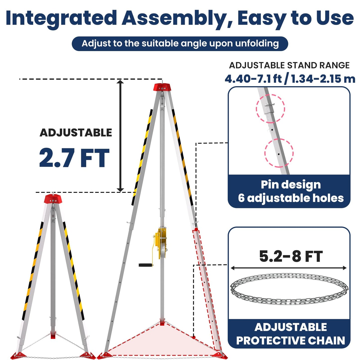 Confined Space Tripod Kit, 2200 Lbs Winch, Adjustable 7' Legs & 98' Cable, Steel Confined Space Rescue Tripod with 33' Fall Protection/Harness/8' Protection Chain for Confined Spaces Safety