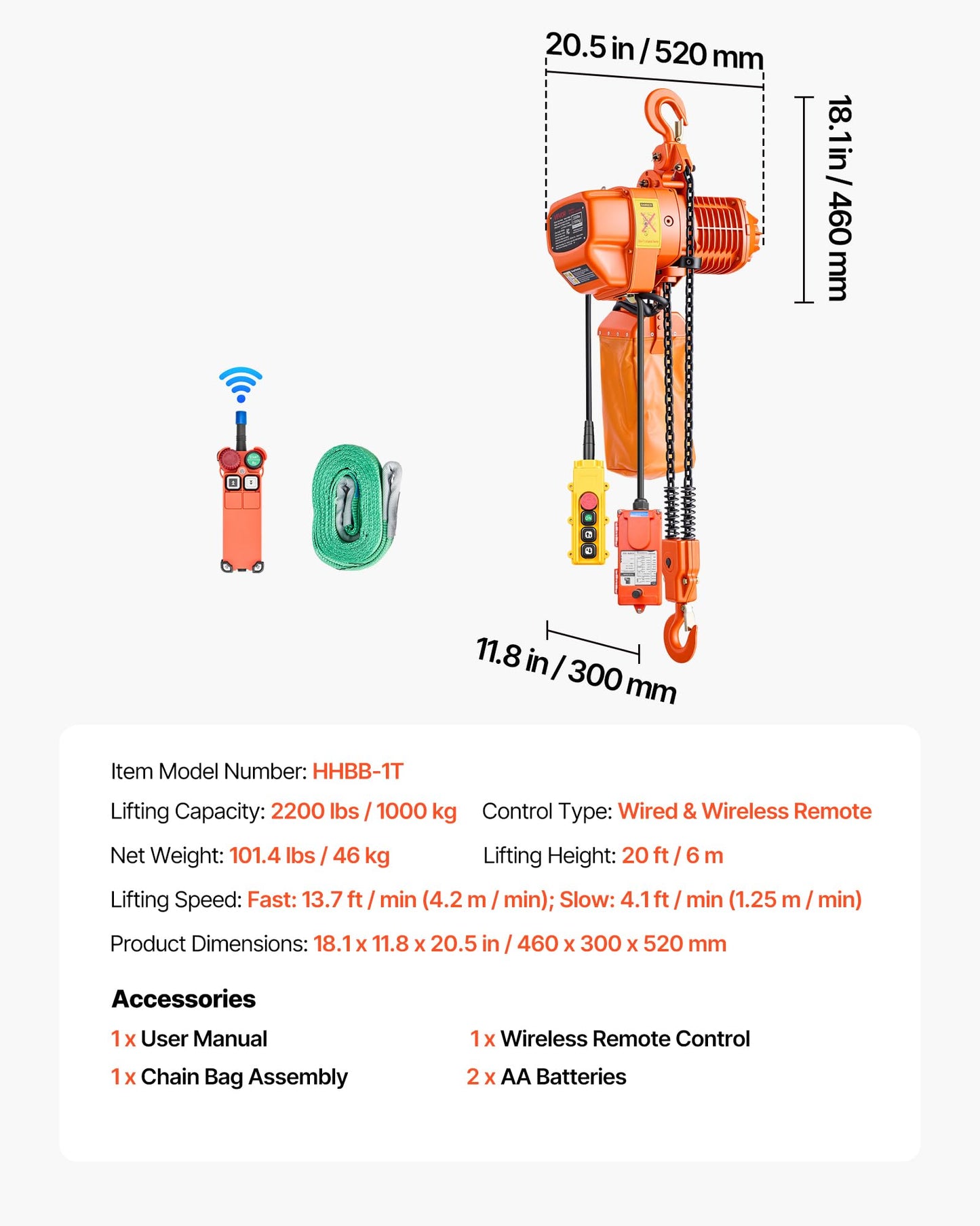 VEVOR 2200 lbs Electric Chain Hoist 2-Speed, 20 ft Lifting Height, 3-Phase 480V Overhead Crane with 328 ft Wireless & 15 ft Wired Remote Control, G80 2-Chain Hoist for Factory, Warehous, Garage