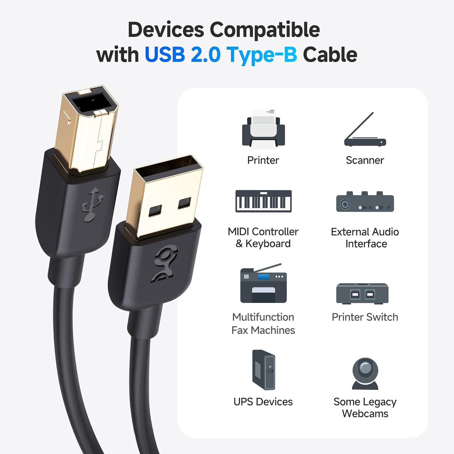 3-Pack 10ft, Cable Matters USB Printer Cable - USB A to B Cable, Compatible with Printer, External Hard Drive, Audio
