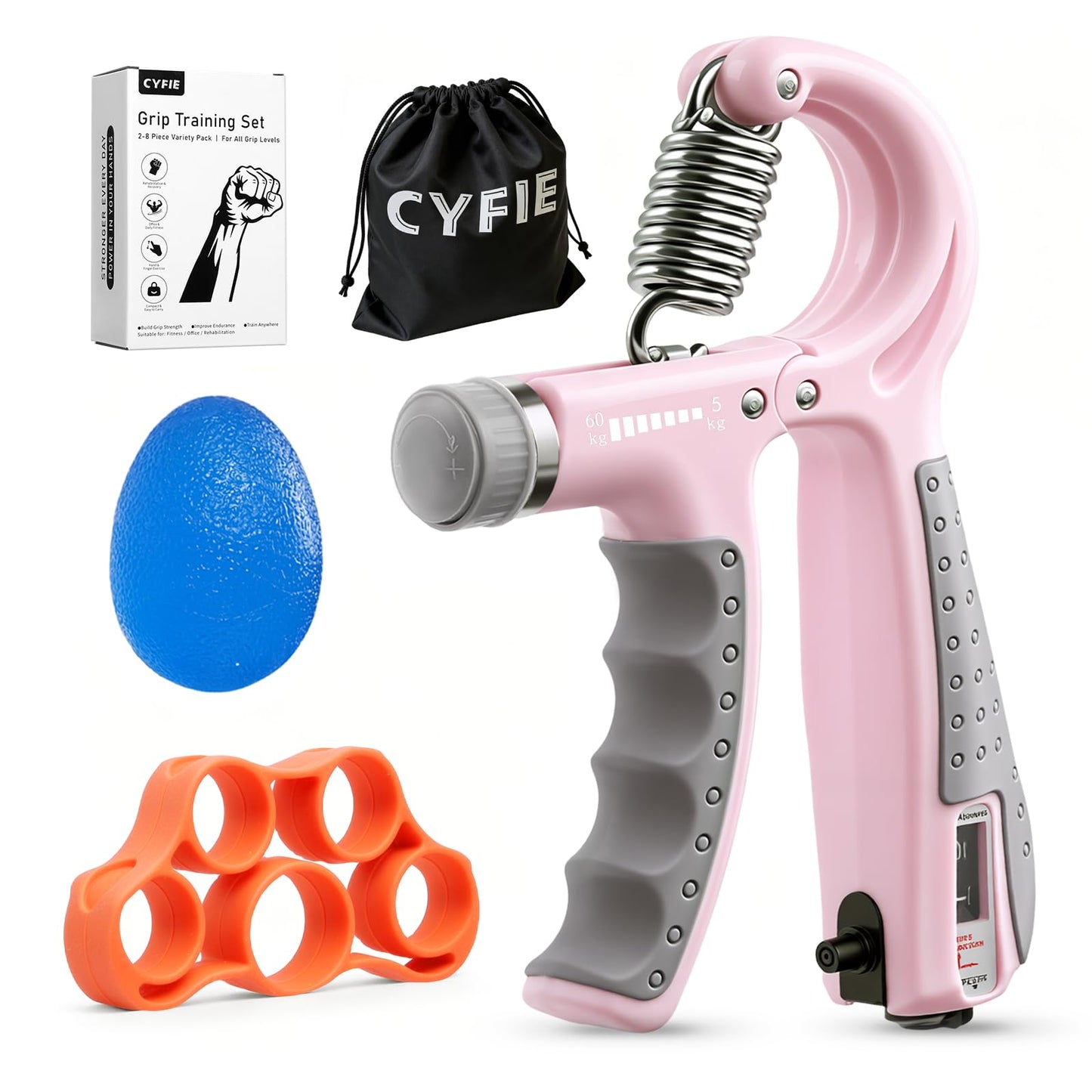 CYFIE Grip Strength Trainer Kit with Adjustable Resistance 10-132 Lbs, Hand Grip Strengthener, Finger Strengthener, Stress Relief Ball, Forearm Strengthener, Ideal for Athletes and Physical Therapy