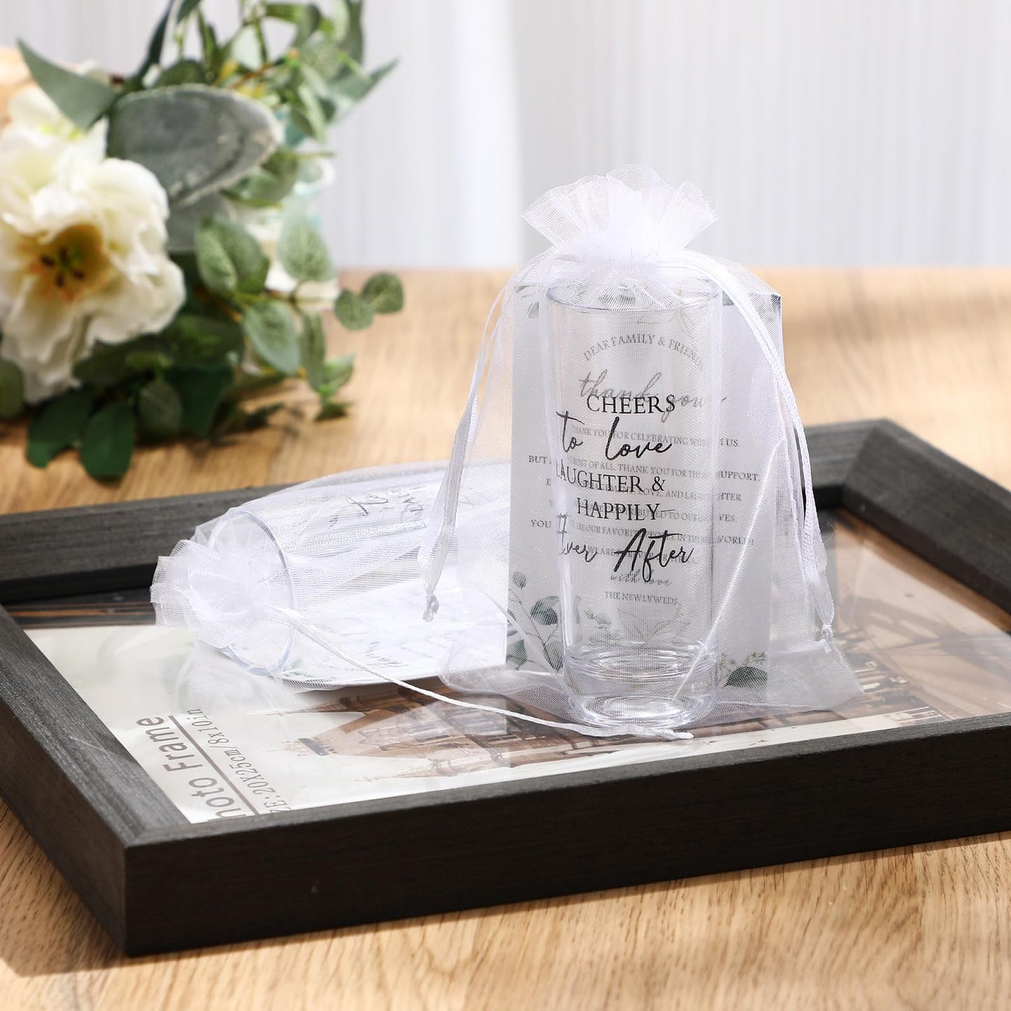 Sliner 100 Set Wedding Favors for Guests Bulk 2oz Acrylic Cheers to Love Shot Glasses with Thank You Cards Organza Bags for Guest Souvenirs (Cylinder,Cheers to Love Laughter and Happily Ever After)