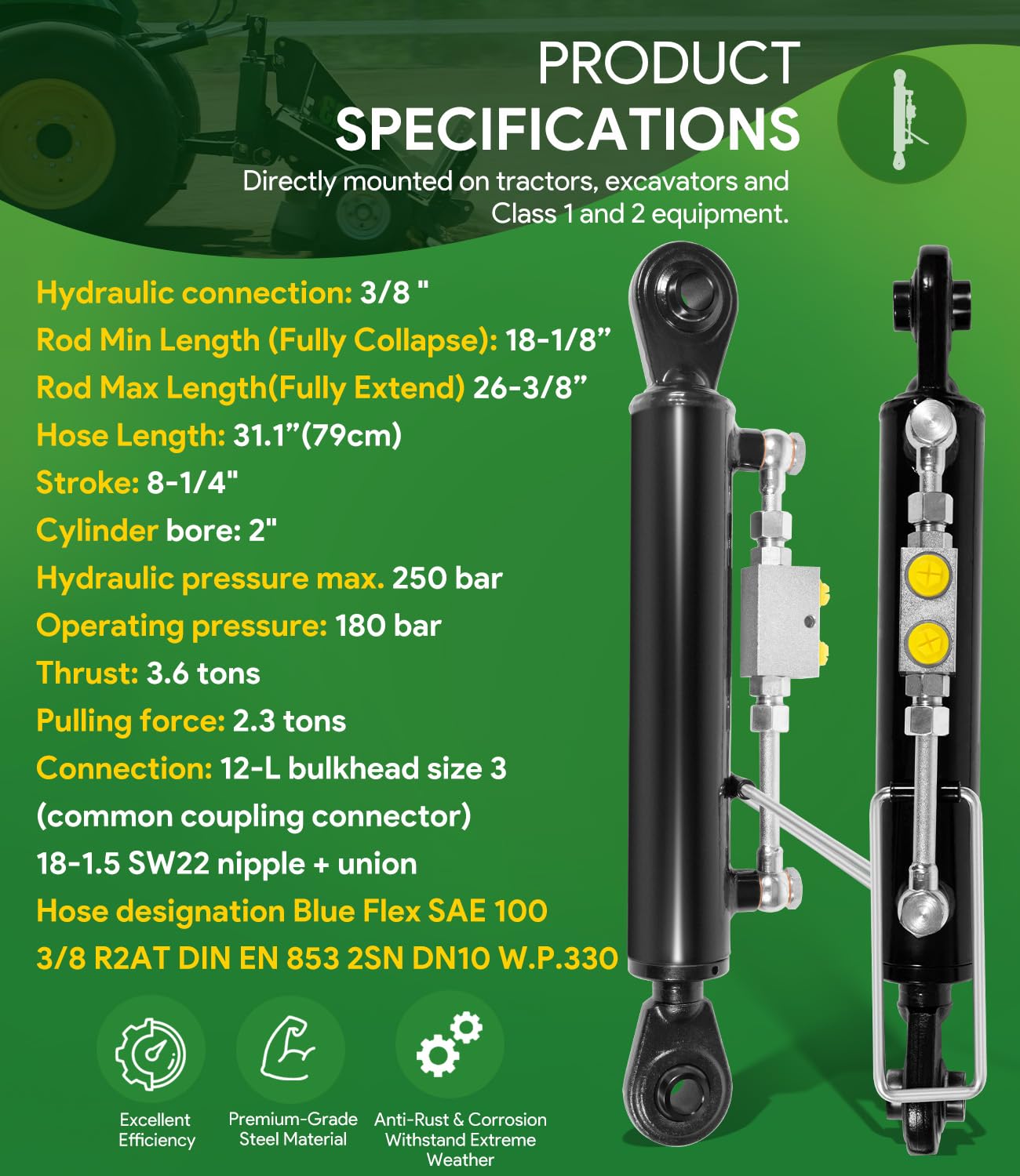 Hydraulic Top Link Cat. 1-1 (18 1/8” - 26 3/8”, 3/4" Hole) with Locking Block with 2 x Hose, SPH320032 2-Way Check Valve Hydraulic Cylinder for Tractor Excavators and Class 1& 2 Equipment