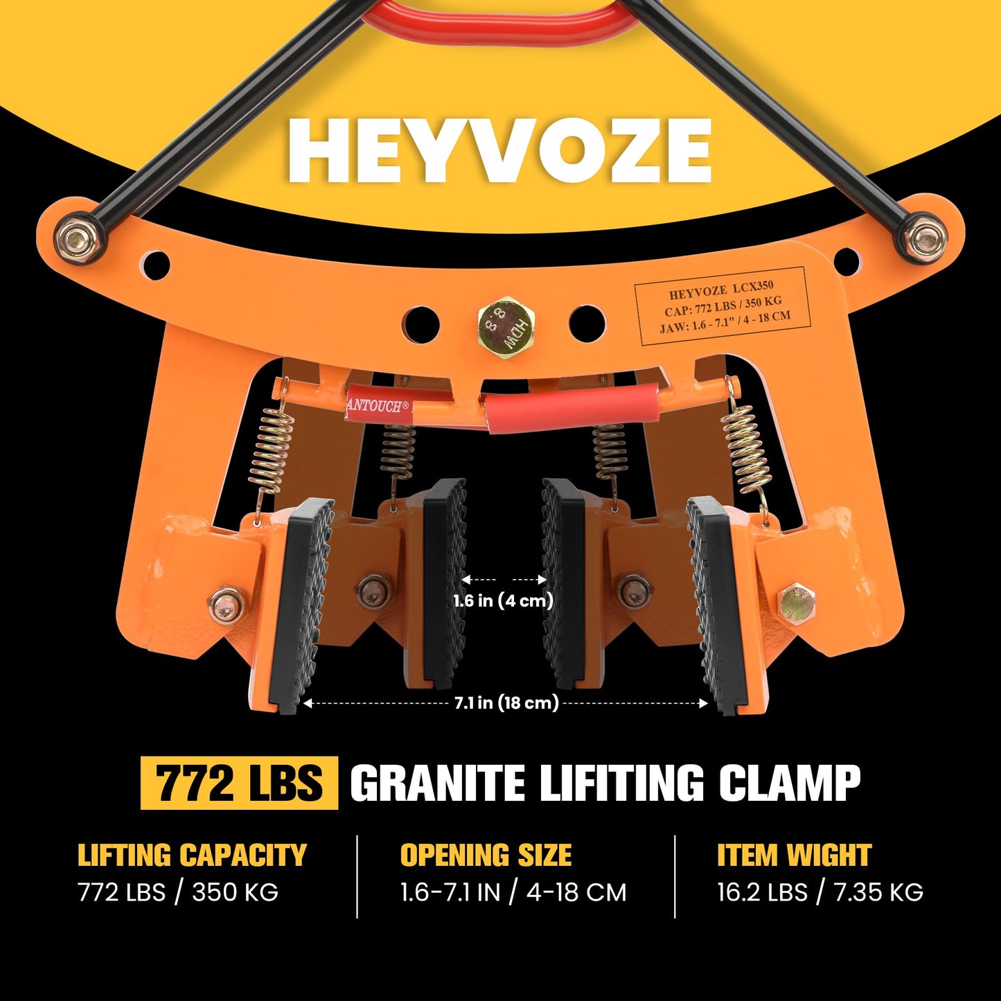 HEYVOZE 772 lbs Granite Slab Lifting Clamp, 1.6-7.1 in Opening X-Type Stone Lifting Clamp, Lightweight yet Sturdy Design for Granite, Marble, and Concrete Handling