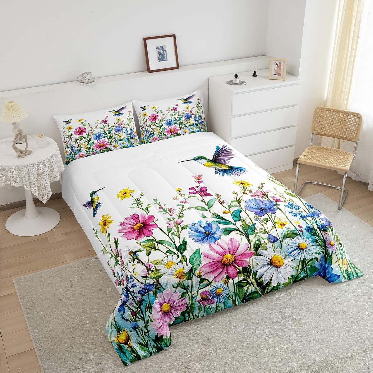 Feelyou Flower Bedding Set Twin Size Hummingbird Comforter Set for Kids Boys Girls Tropical Birds Comforter Hummingbird Flowers Duvet Set White