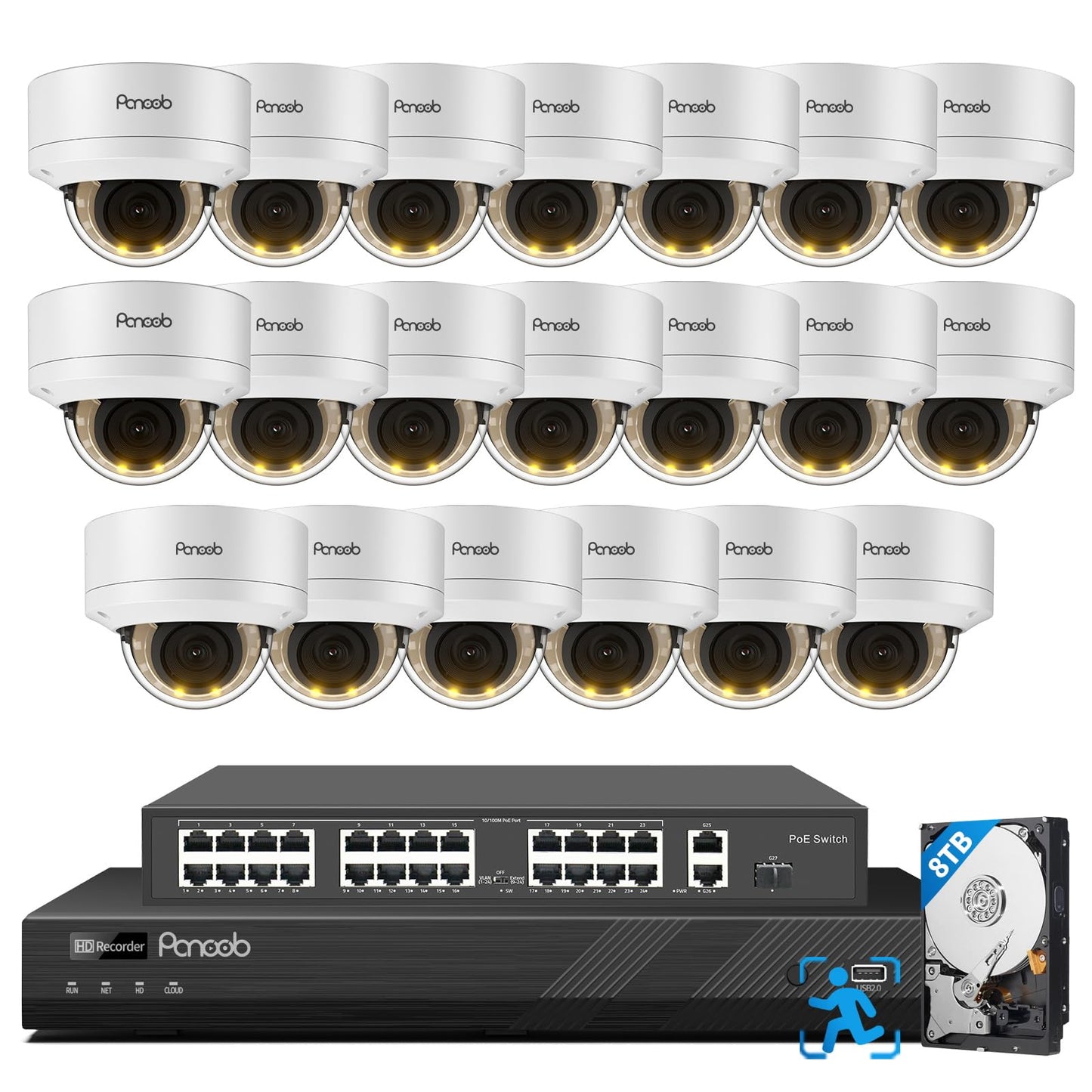 PANOOB 32 Channel Security Camera System, 20x 5MP Wired IK10 Vandal-Proof Dome IP PoE Cameras Outdoor with Human Vehicle Detection, Color Night Vision, 2 Way Audio, 4K 32CH NVR 8TB HDD, PD54Y2032-5M