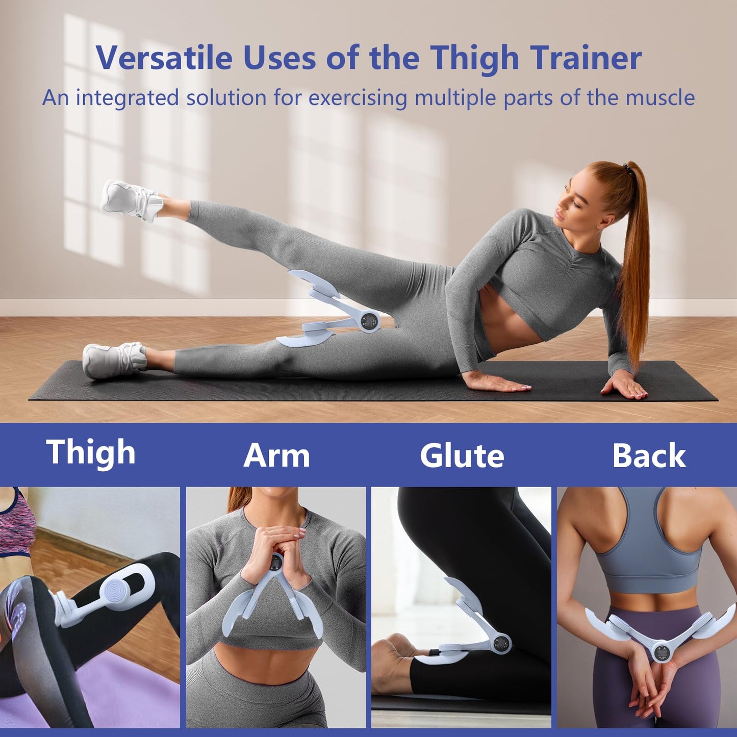 Thigh Trainer, 360°Adjustable Pelvic Floor Muscle Trainer with LED Display, Inner Thigh Exerciser with 20LB Resistance Band for Women, Home Fitness Equipment for Hip, Leg, Arm