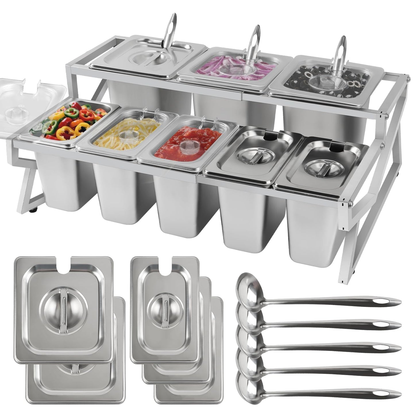 Kalolary 8 Pans Pizza Topping Storage Station, 2 Row Adjustable Stainless Steel Condiment Containers with Lids Spoons Ice Food Serving Display Container Salad Bar Buffet Station for Home Kitchen