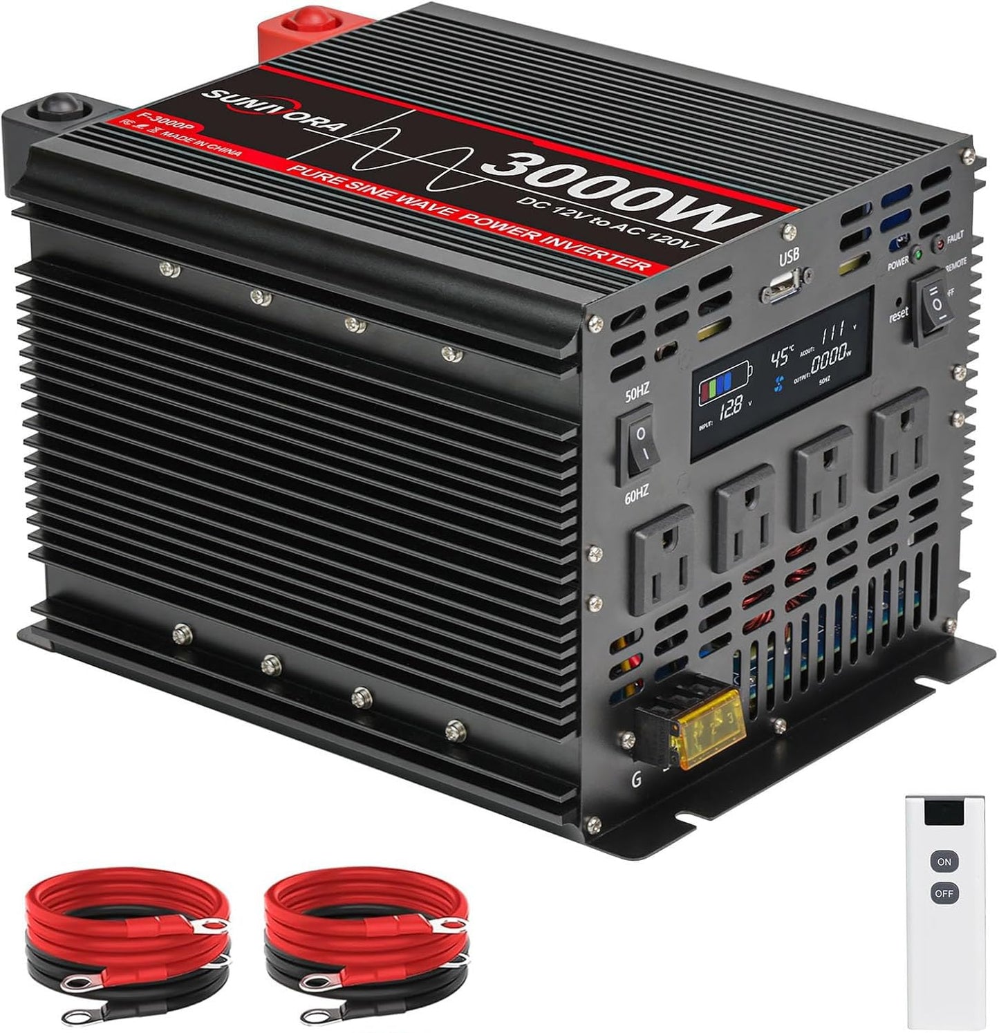 3000 Watt Pure Sine Wave Power Inverter, 12V DC to 110V/120V AC Converter 6000W Peak, with Remote Control LCD, 4 AC Outlets & USB Port & Hardwire Terminal, for Car Truck RV Camping Solar System EPS