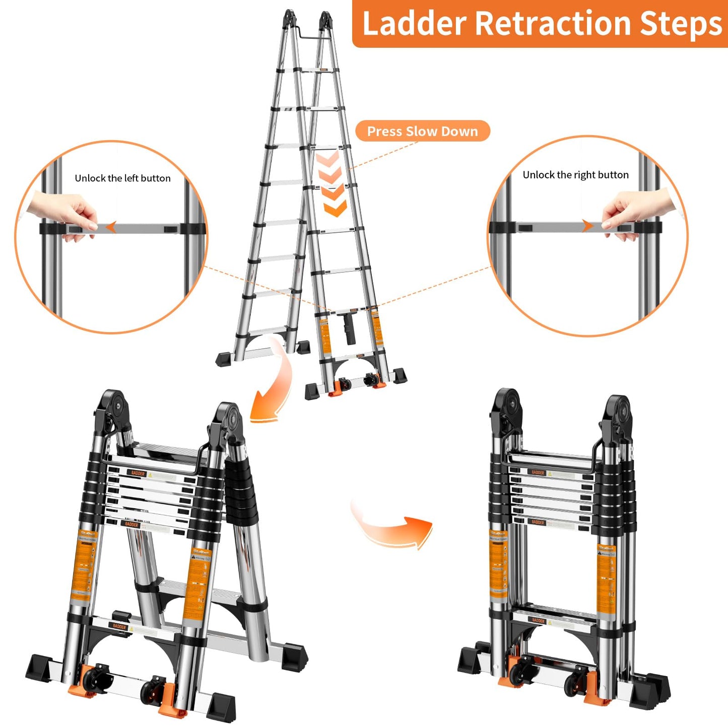 Telescoping Ladder A Frame,Telescopic Ladder for Home, Roof, RV，16.5 Ft Stainless Steel Extension Ladder with Dual Balance Bars,Wheels and 2 Triangle Stabilizers，330 lb Capacity (16.5FT-A Frame PRO)