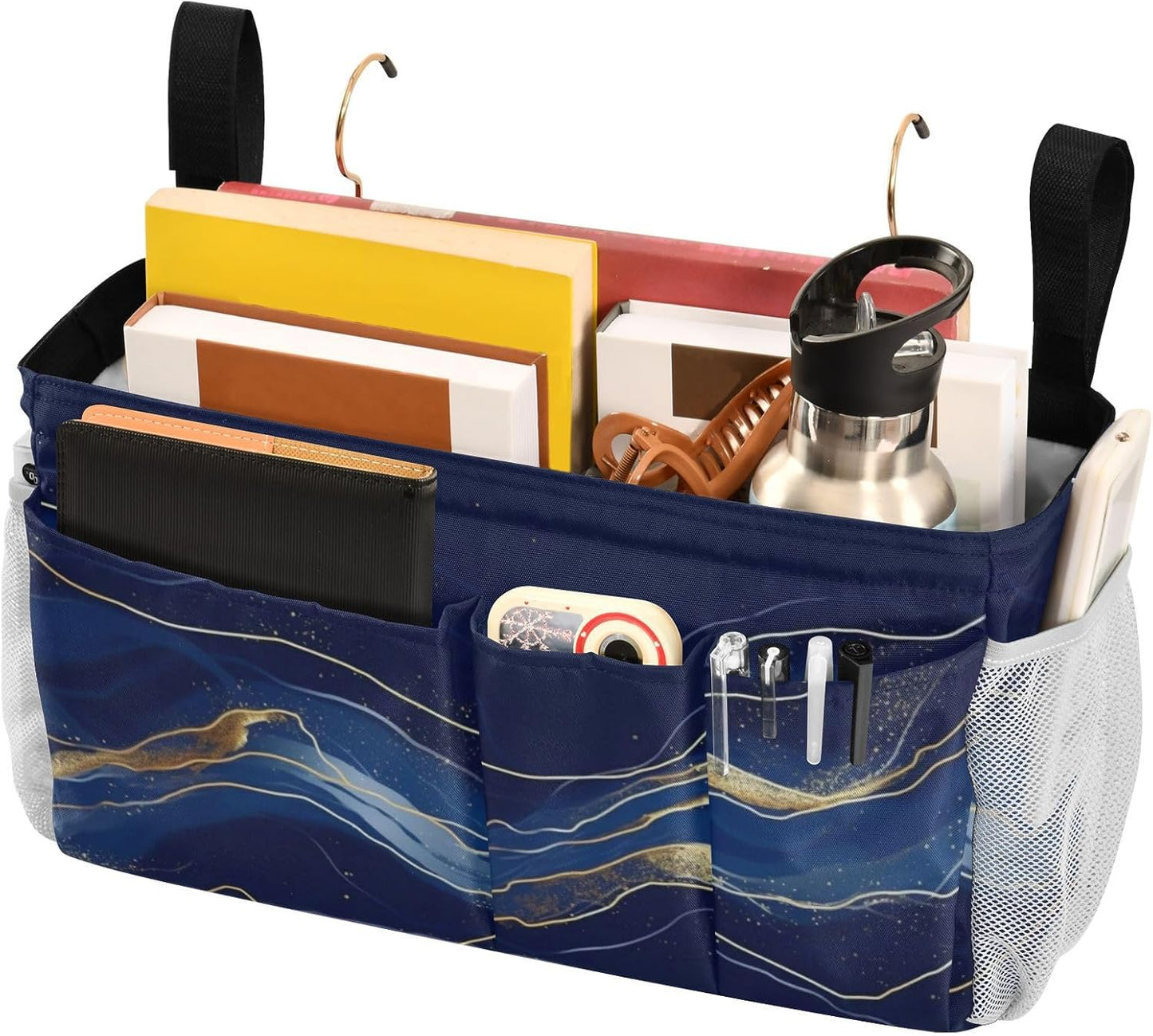 Amooorous Bedside Storage Caddy For Dorm Table Cabinet Storage Organizer for Bed Rails Deep Blue-gold Marble Texture