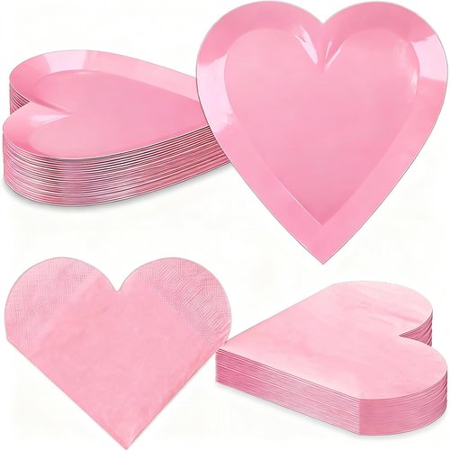 Diltik Pink Heart Shaped Party Plates and Napkins Set – 25PCS 9 Inch Disposable Paper Plates with 25PCS Heart Napkins for Birthday, Mother’s Day, Bridal Shower, Girls Party Decorations