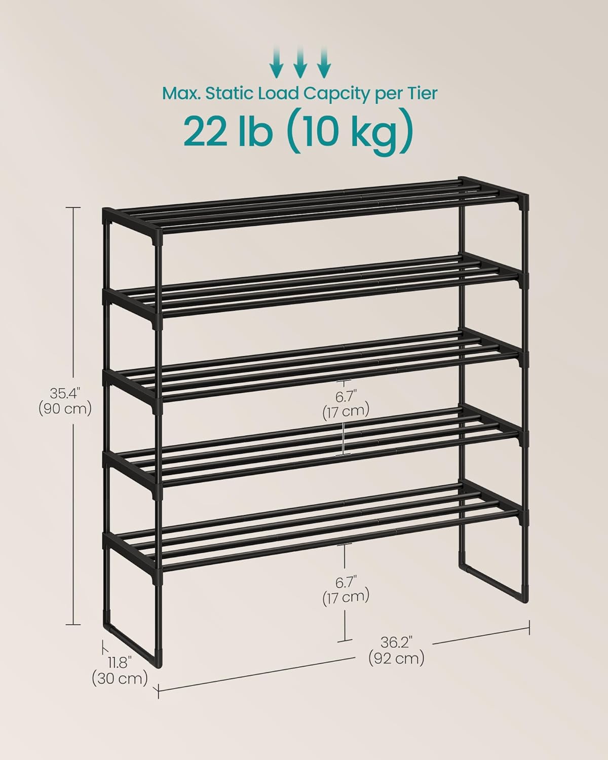 SONGMICS 5-Tier Shoe Rack - Stackable Metal Organizer for 20-25 Pairs | Black, 11.8 x 36.2 x 35.4 Inches
