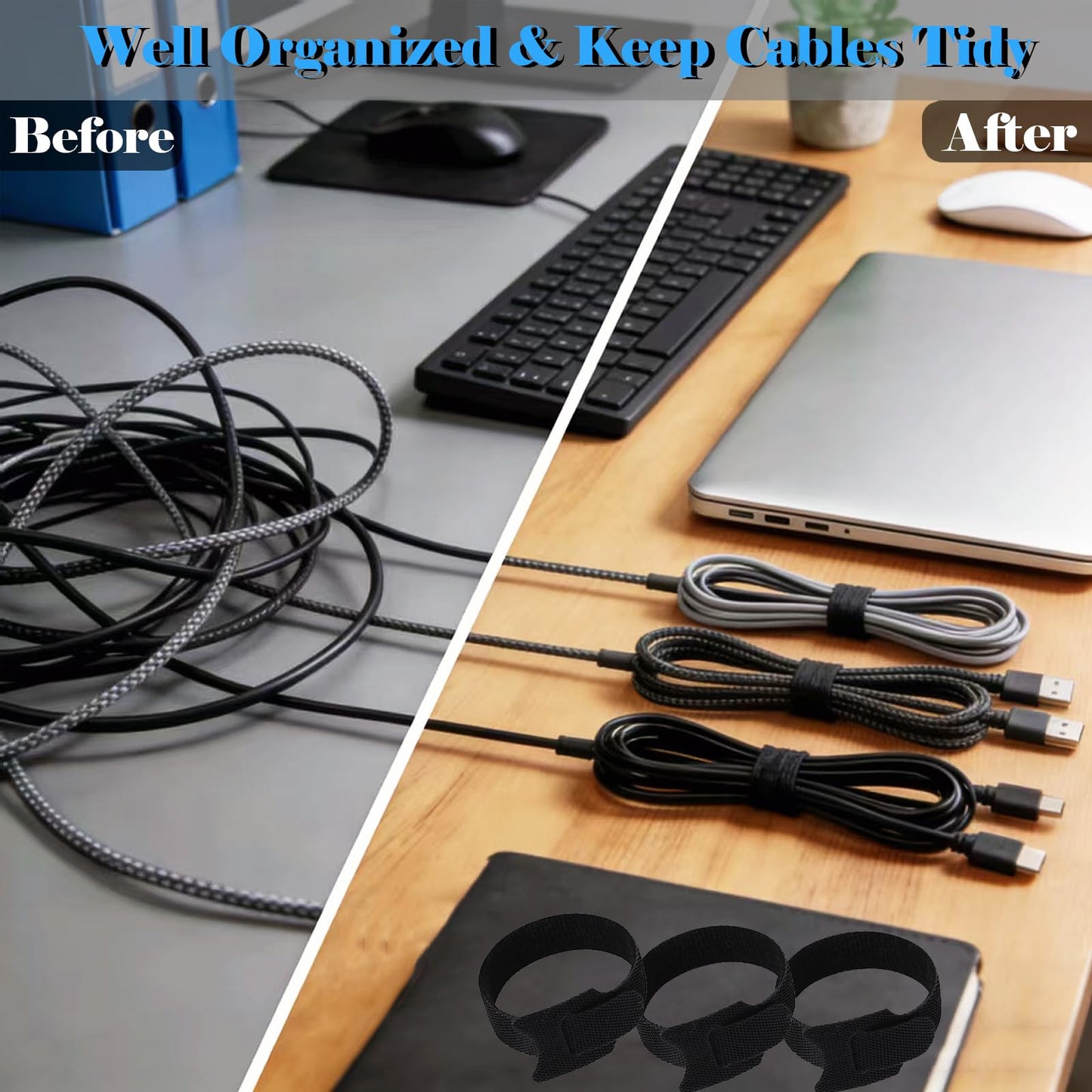 NIOPELO 100PCS Hook and Loop Straps - 6 Inch Reusable Cable Ties for Cable Management, Adjustable Cord Organizer Hook & Loop Straps for Home, Office and Data Centers, Black