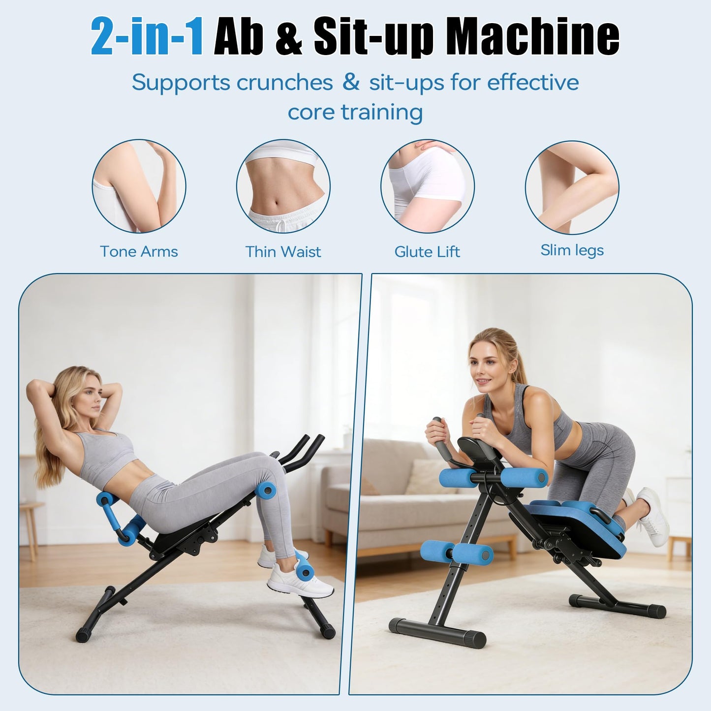 EPHESPORT Multifunctional Ab Machine, Adjustable Ab Workout Equipment, Ab ＆ Sit Up Machine for Stomach Workout, Foldable Abdominal Trainer With Knee and Back Protection, Full Body Workout for Home Gym (Blue)