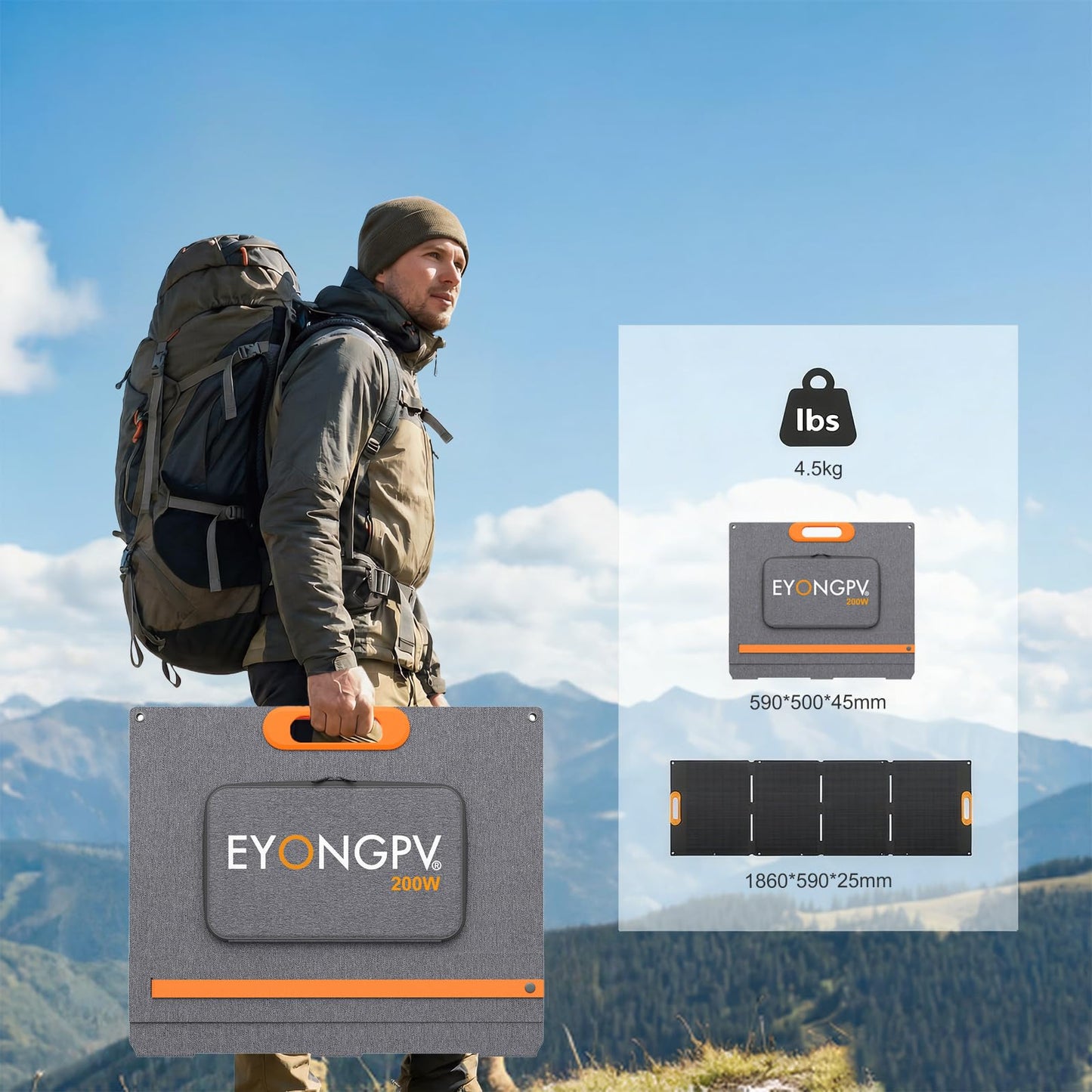 EYONGPV 200W Portable Solar Panel, 26% HPBC Cells, Foldable Solar Charger, 15ft (4.5m) Cable, 30A Anderson Output, IP65 Waterproof for RV Camping, for EcoFlow, Anker, Jackery, Bluetti Power Station