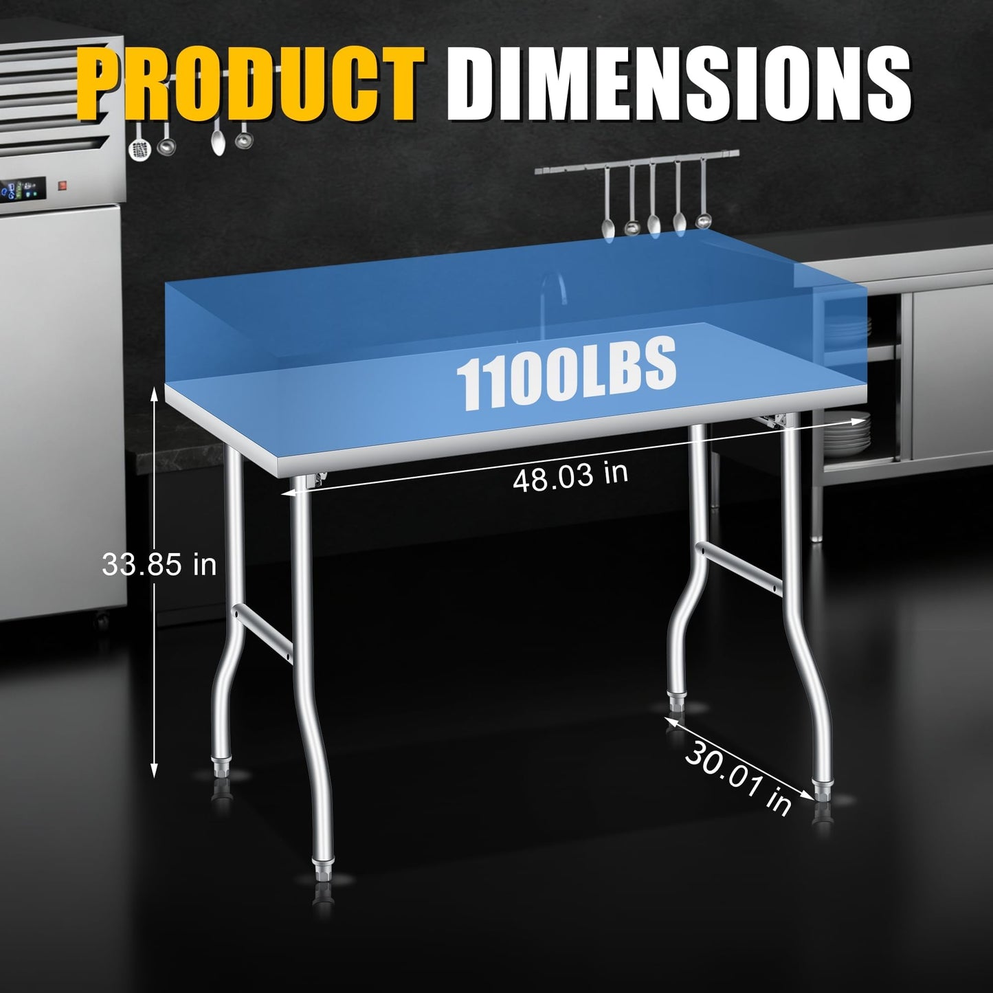 Foldable Stainless Steel Table 48x30 Inch, 1-Tier Portable Workstation, Commercial & Utility Table for Kitchen Prep, Catering, Garage, Workshop and Home Use, 600 LB Capacity