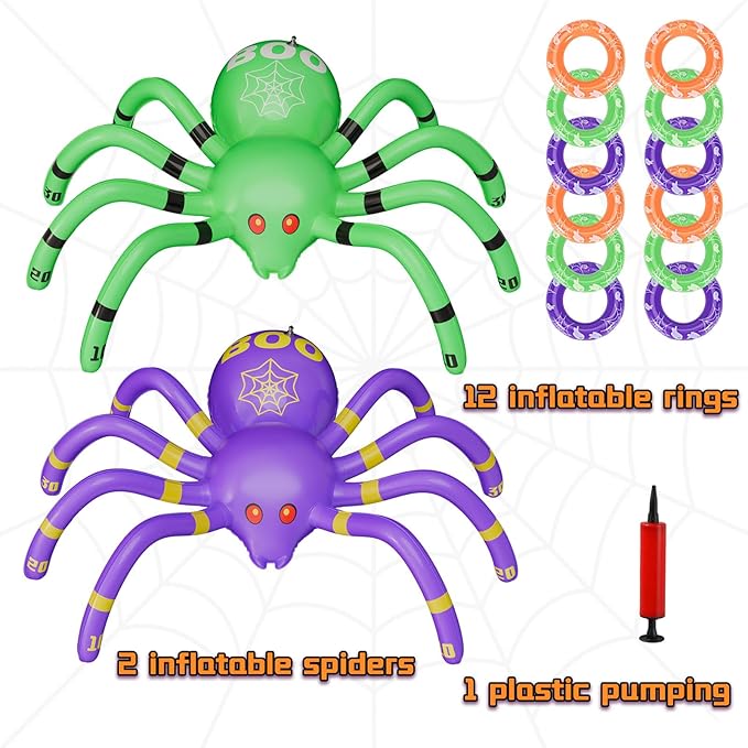 Halloween Spider Ring Toss Game, 2 Pack Inflatable Green and Purple Spiders with Rings and Pump, Fun Halloween Party Games for Kids Outdoor Trick or Treat Toys Carnival Decorations Party Favors