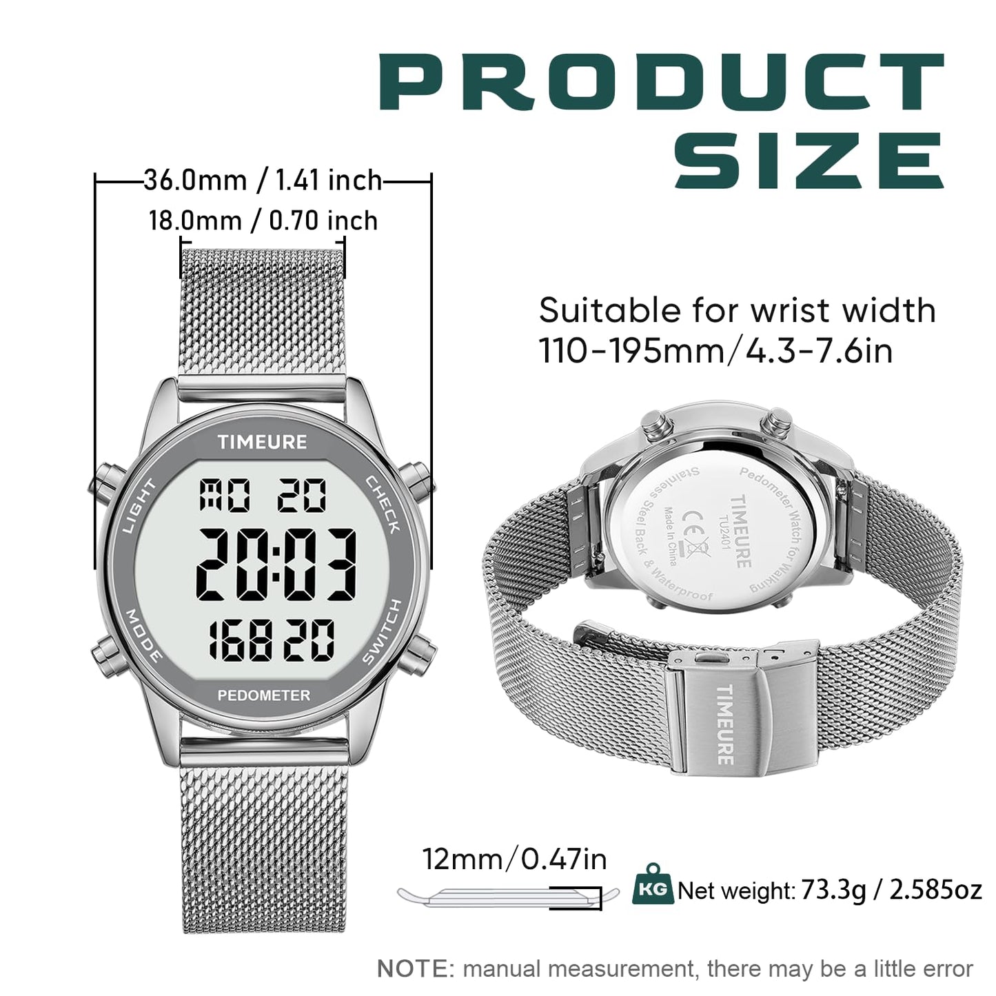 TIMEURE Women's Step Counter Watch with Stainless Steel Bracelet, Stylish Design, No App, No Charging Needed for Step, Calorie, Distance, Alarm, Countdown Timer，TU-2401(Gold)