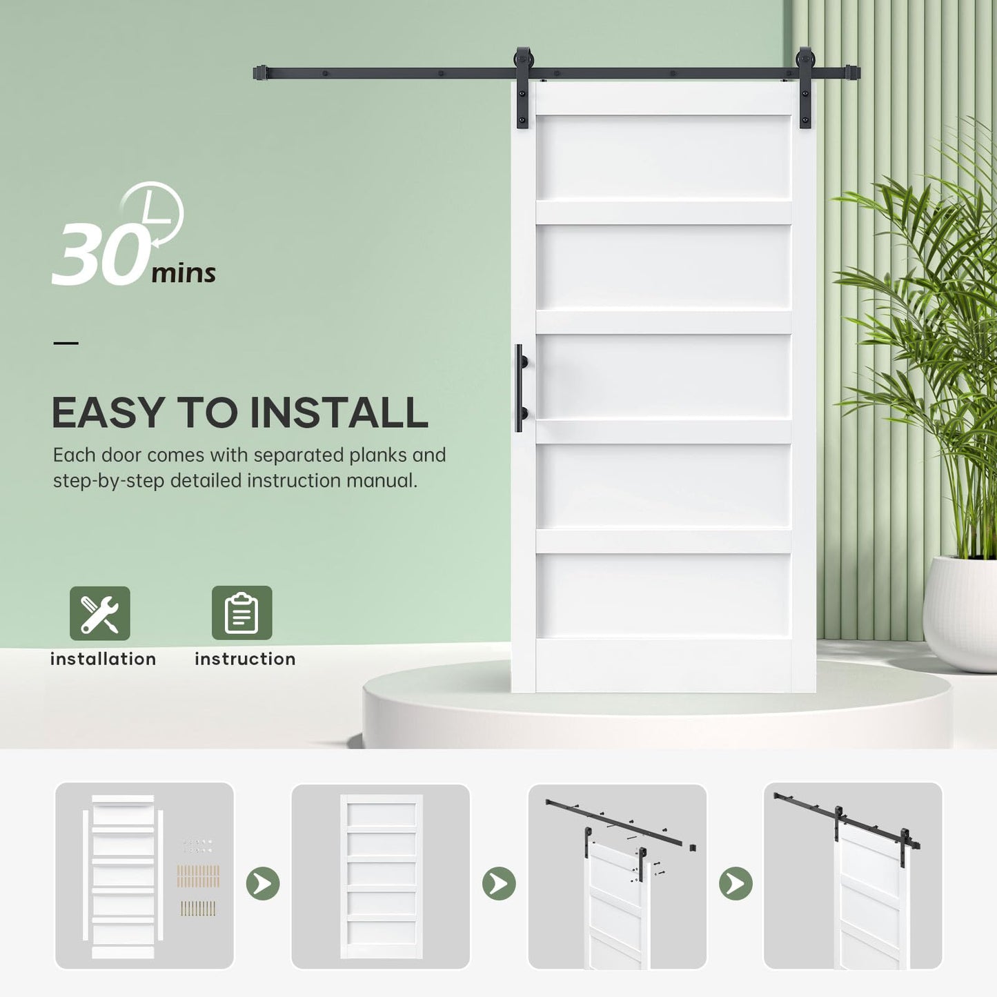 ROYMELO 42x80 Inch White Sliding Barn Door Slab with 7ft Hardware Kit Included, 5-Panel, MDF Wood Panel Covered with Water-Proof Scratch-Proof PVC Surface, Simple DIY Assembly