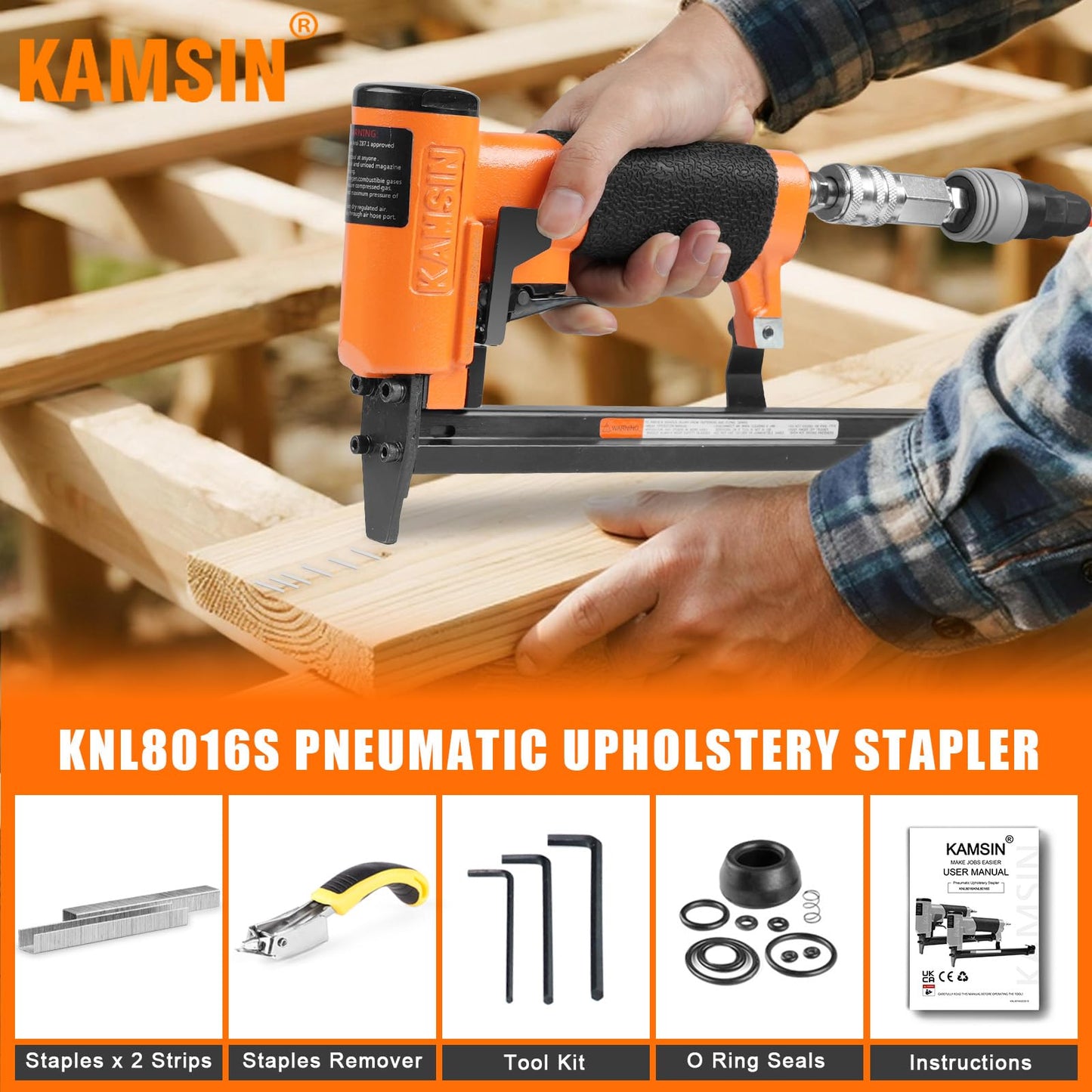 KAMSIN KNL8016S 21 Gauge Pneumatic Serial Upholstery Stapler with Extended Long Magazine, 1/2" Crown Staples, 1/4" to 5/8" Leg Length, Air Power Upholstery Staple Gun for Furniture and Woodworking