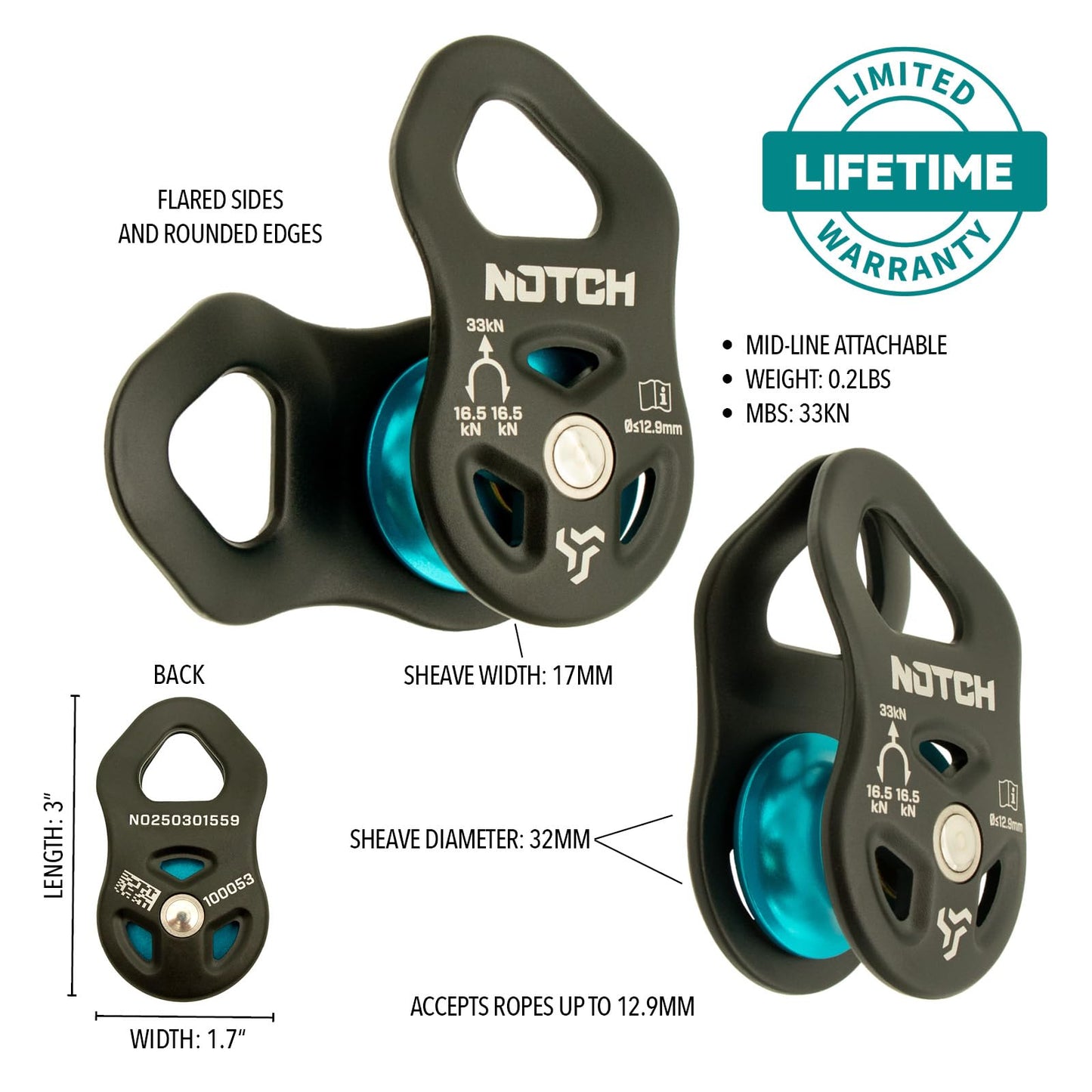 Notch Thirty-Three Micro Pulley with Massive Strength, MBS: 7,418 lbs. (33kN), Purpose-Built for Canopy Use, Mid-line Attachable with Swinging Side Plates, Use with Lines up to 1/2” (12.9mm) (100053)