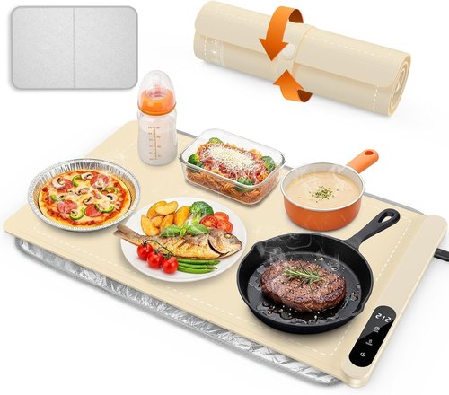 Food Warming Mat, Silicone Electric Warming Tray with 6 Adjustable Temperature, Full Surface Heating, Portable Roll Up Heating Mat with Heat-resistant Pad, Kitchen Food Warmer Pad for Buffets Party
