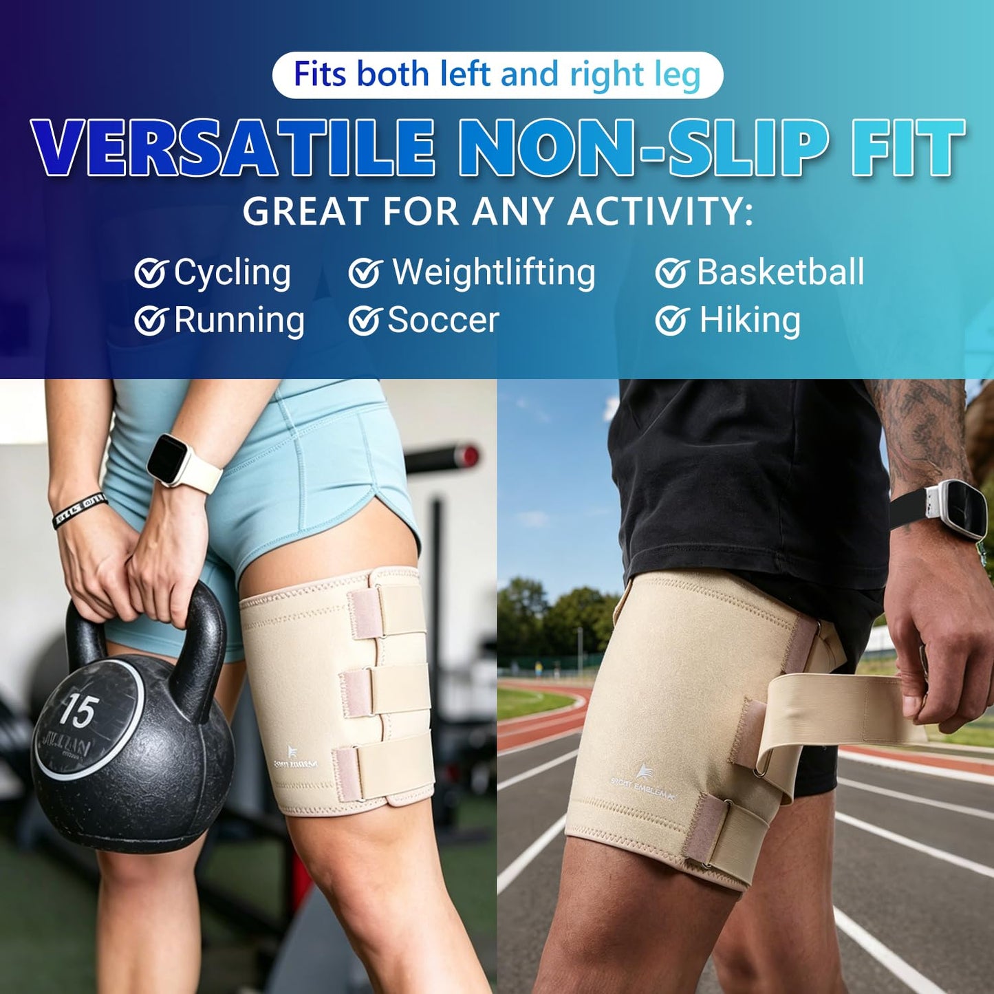 SportEmblema 2026 Upgraded Thigh Compression Sleeve for Men & Women, Sturdier Non-Slip Hamstring Compression Wrap for Quad & Leg Support, Hook and Loop Thigh Brace for Pulled Muscle, Fits 16"-24"-Skin