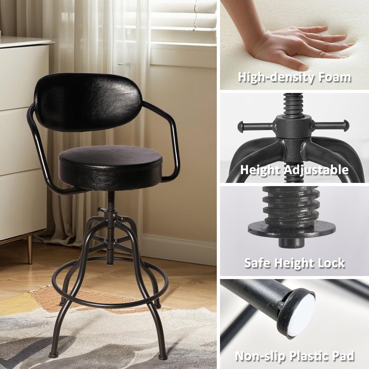 BOKKOLIK Industrial Office Chair with Backrest 21.7-25.6inch Height Adjustable Vintage Bar Stool with Swivel PU Seat Rustic Drafting Drawing Chair for Workbench Office Desk