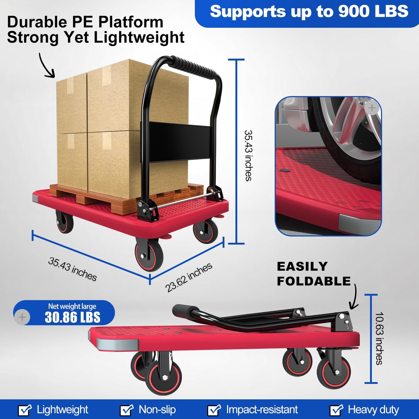 WUD Foldable Hand-Push Platform Truck with Brake, 360-Degree Swivel Wheels, 35.4”L x 23.6”W, 880 lb Load Capacity, Suitable for Luggage, Travel, Moving, Shopping, Office, Home Garden,Pink