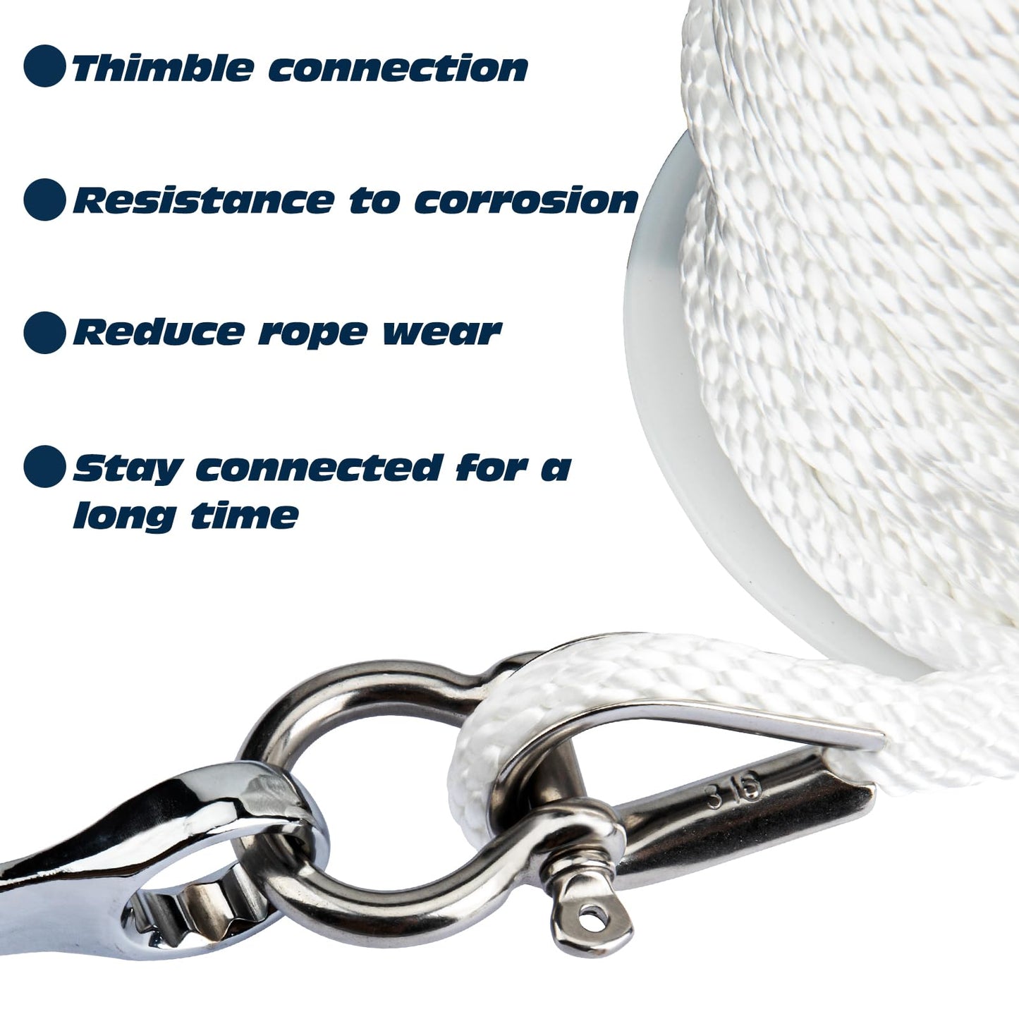 PropelTech Anchor Rope Braided Anchor Line(White, 3/8" x 150') Premium Solid Braid MFP Boat Rope with Stainless Steel Thimble & Shackle, Quality Marine Line, Boat Accessories