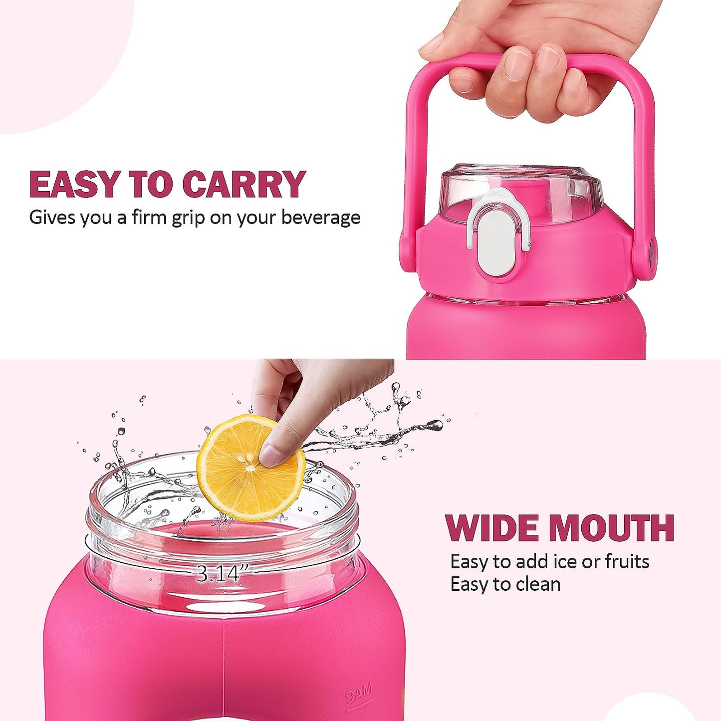 kytffu 42oz Glass Water Bottles with Straw, Motivational Glass Bottle with Silicone Sleeve and Time Marker, Leakproof Large Glass Water Jug for Gym Home Office,Rose red