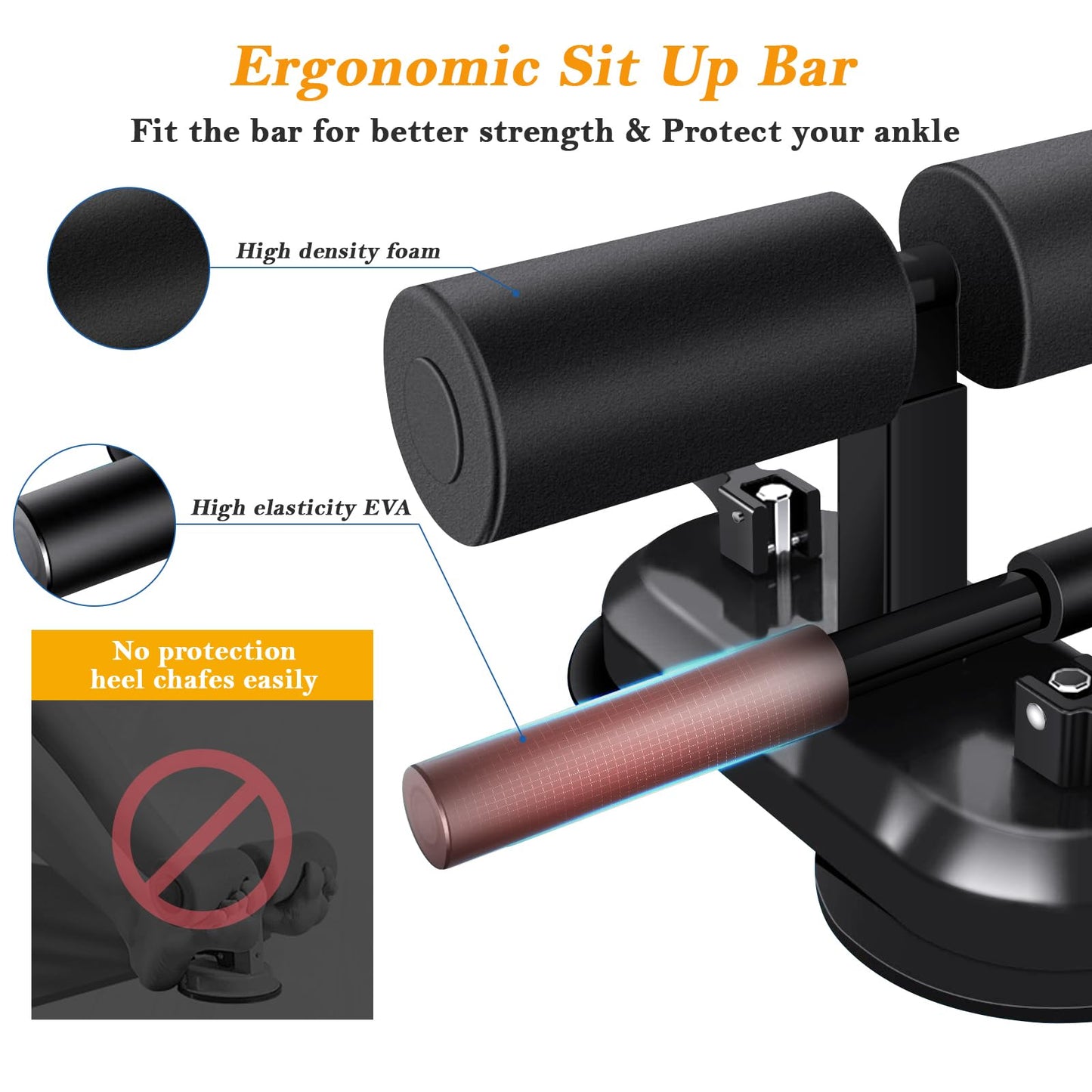 TARFEPA Sit Up Assistant Device Bar for Floor, Portable Sit Up Exercise Equipment with 2 Strong Suction Cups and Adjustable Foot Holder, Abs Master for Home Workout, Black