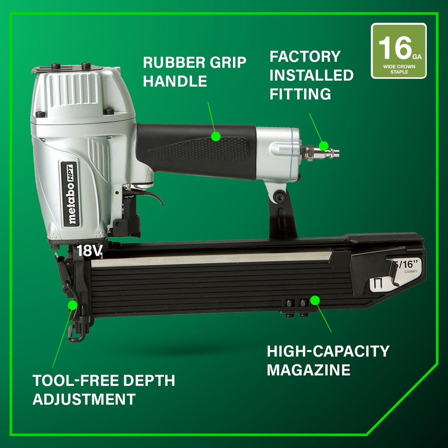 Metabo HPT 15/16 Inch Wide Crown Stapler, Pro-preferred Pneumatic Power Nailers, Fastening Tool for Wire Lathing, Housewrap, Roofing & Insulation, 16 Gauge, 5/8"to 2" Crown Staples, N5021A