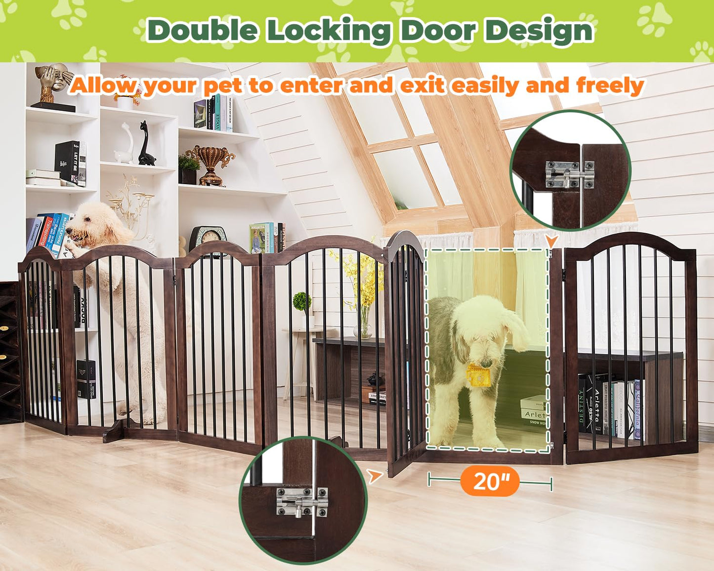 PrimeZone 144" Extra Wide Dog Gate - 36" Tall 6-Panel Solid Acacia Wooden Freestanding Puppy Gates with Door, Foldable Indoor Pet Fence for Doorways, Stairs, Support Feet Included, Brown