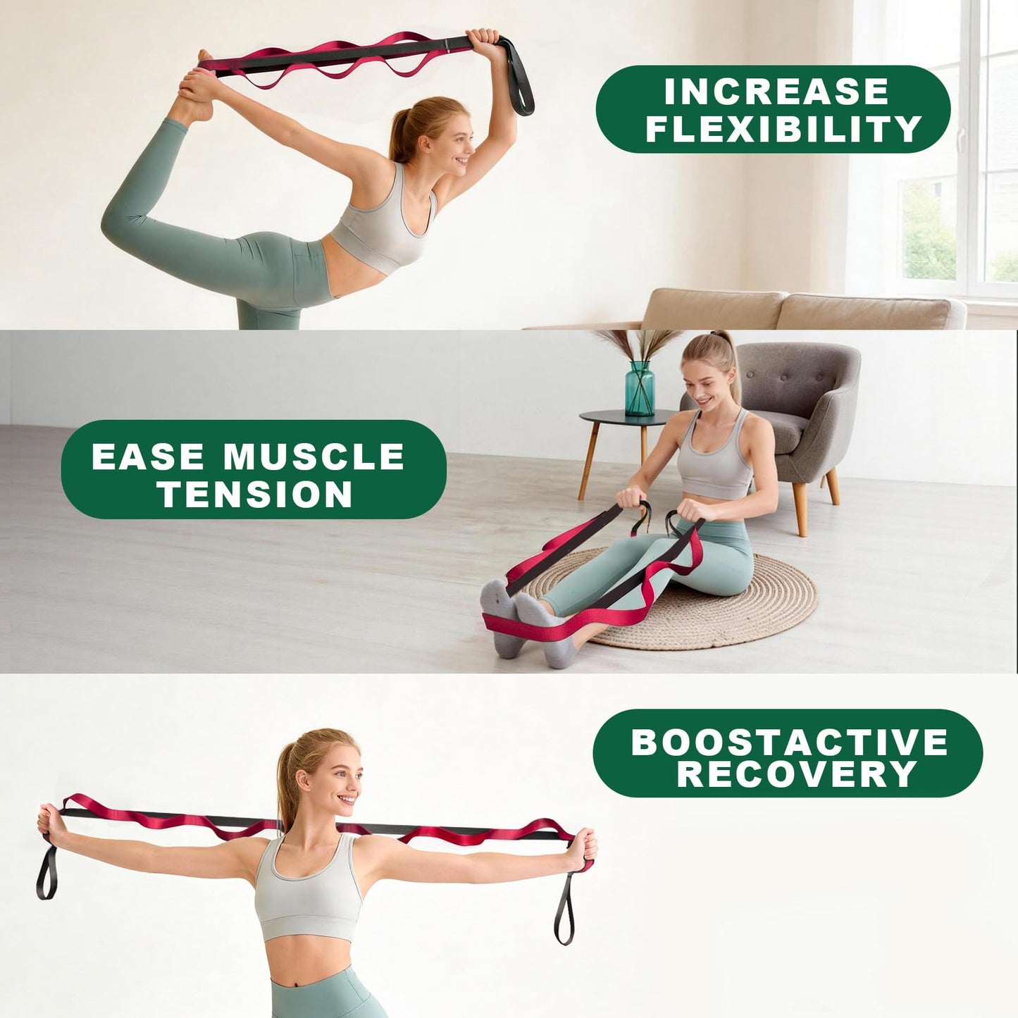 Acozycoo Stretching Strap with 10 Loops – Non-Elastic Yoga Strap for Physical Therapy, Knee Replacement Recovery & Plantar Fasciitis – Leg Stretcher Band for Flexibility & Hamstring Rehab（Red)