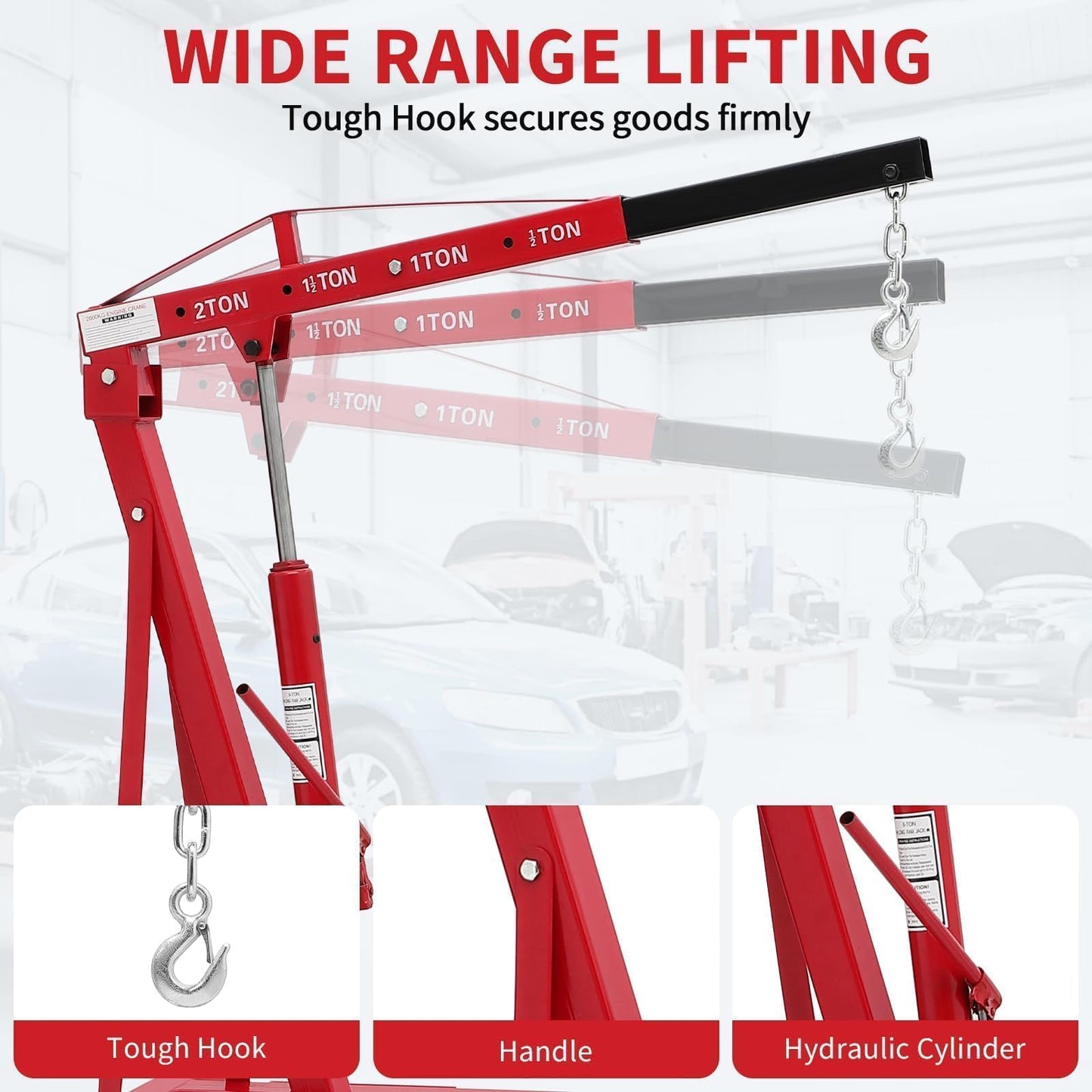 ActiveTrail 2 Ton Folding Hydraulic Engine Hoist, Load Leveler, 4400 LBS Capacity, Heavy Duty Cherry Picker, 6 Swivel Wheels, Hydraulic Pump Adjustable Boom (0.5t-2t) for Garage Workshop Warehouse