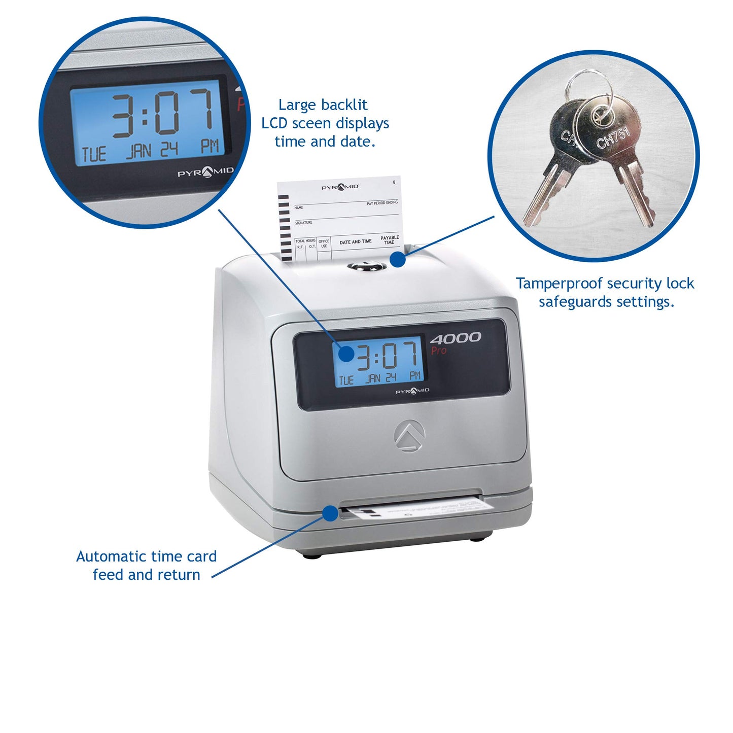 Pyramid Time Systems - Model 4000 Auto Totaling Time Clock, Electronic Time Punch Clock for Small Business, Bundle Includes: 25 Time Cards,Ribbon and 2 Security Keys - Silver ( 7.25"h x 7"w x 6.75"d)