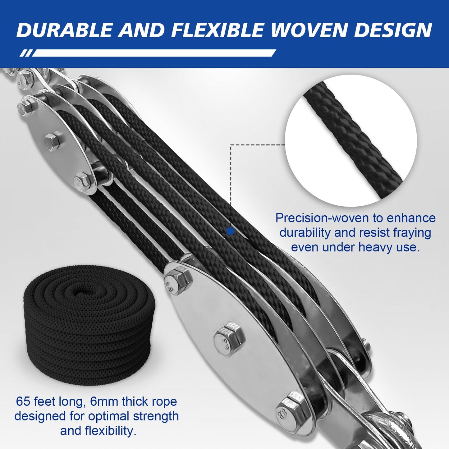 SALIFTFE Block and Tackle Pulley System, Upgraded 4-Wheel Rope Pulley Hoist, 8:1 Lifting Power, 2200LB Work Load with 65Ft of 1/4" Rope, Ultra-Compact Rope Hoist for Garage, Hunting, and Heavy Lifting