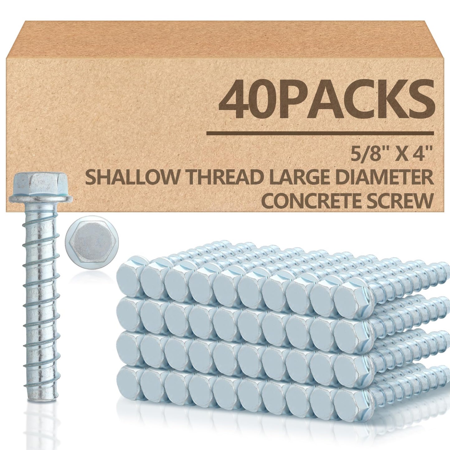 Tandefio 40 Pack 5/8" x 4" Concrete Screw Anchors Galvanized Large Diameter Heavy Duty Plated Concrete Anchors for Masonry Brick Anchoring Block Decking Framing Hex Drive