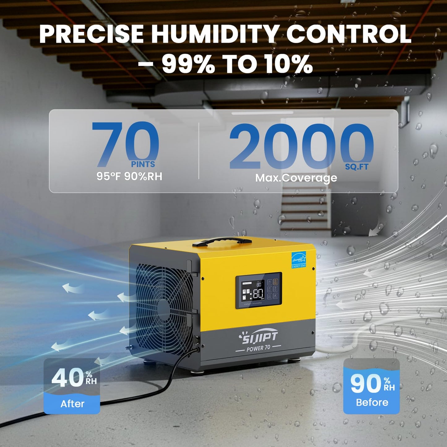70 Pint Crawl Space Dehumidifier with Energy Star & Pump & Drain Hose for Basement, Commercial, Whole House, Industrial, Water Damage Restoration, Spaces Up to 2000 Sq Ft, Auto Defrost,Memory Restart