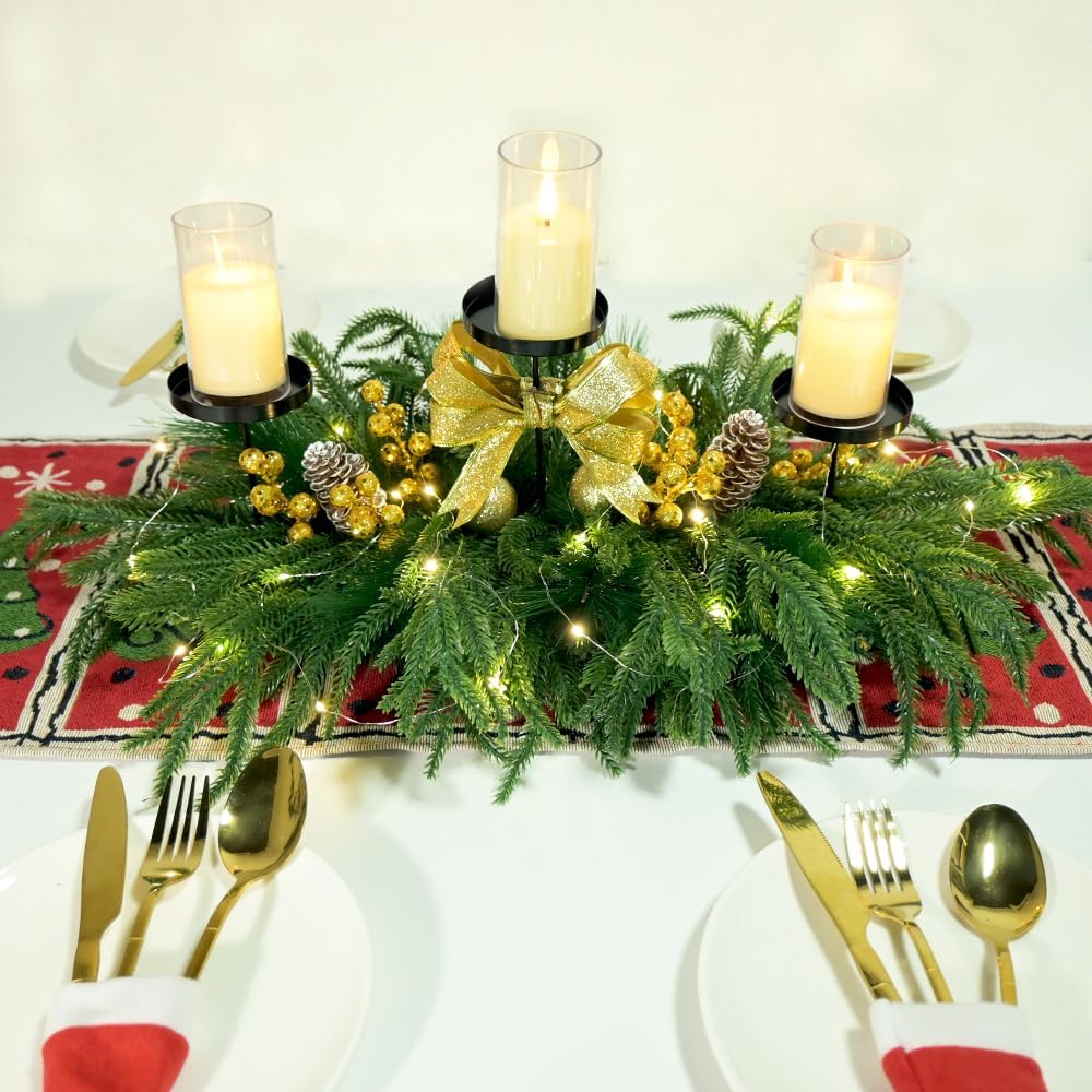 Skiennix Christmas Centerpiece - Elegant Candle Holders with Golden Glitter Bow & Pine Cones | 27.6" Table Decoration