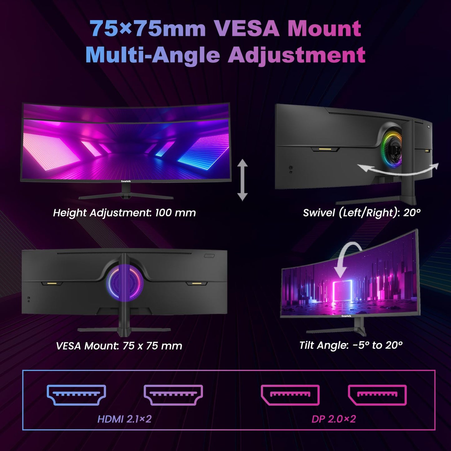 Gawfolk 49 Inch Ultrawide Curved Gaming Monitor, 1500R DUHD 5120×1440 PC Screen, 240Hz Computer Dispaly with Freesync, Wall Mountable