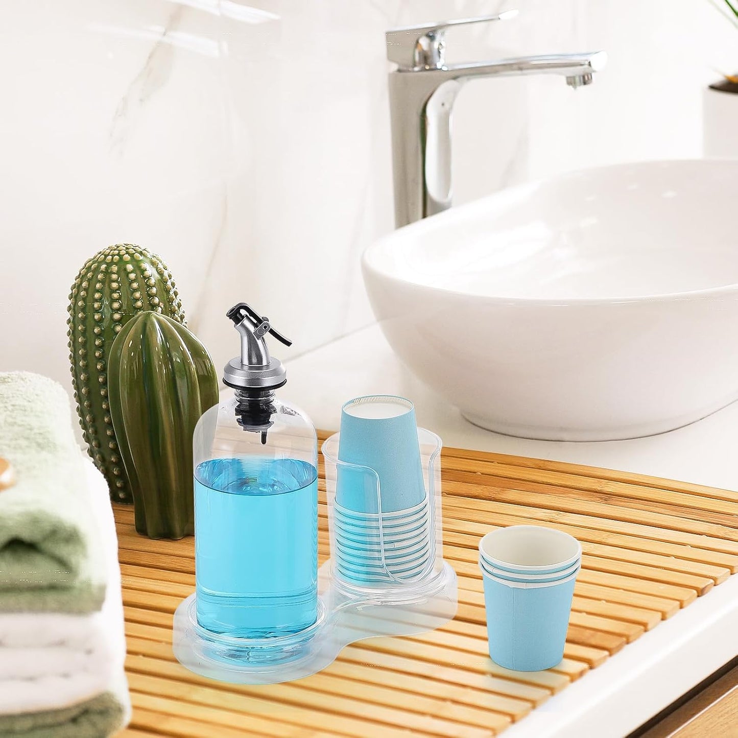 Tbestmax Mouthwash Dispenser - Clear Refillable Pump Bottle with Cup Holder & Tray | 16oz Bathroom Organizer