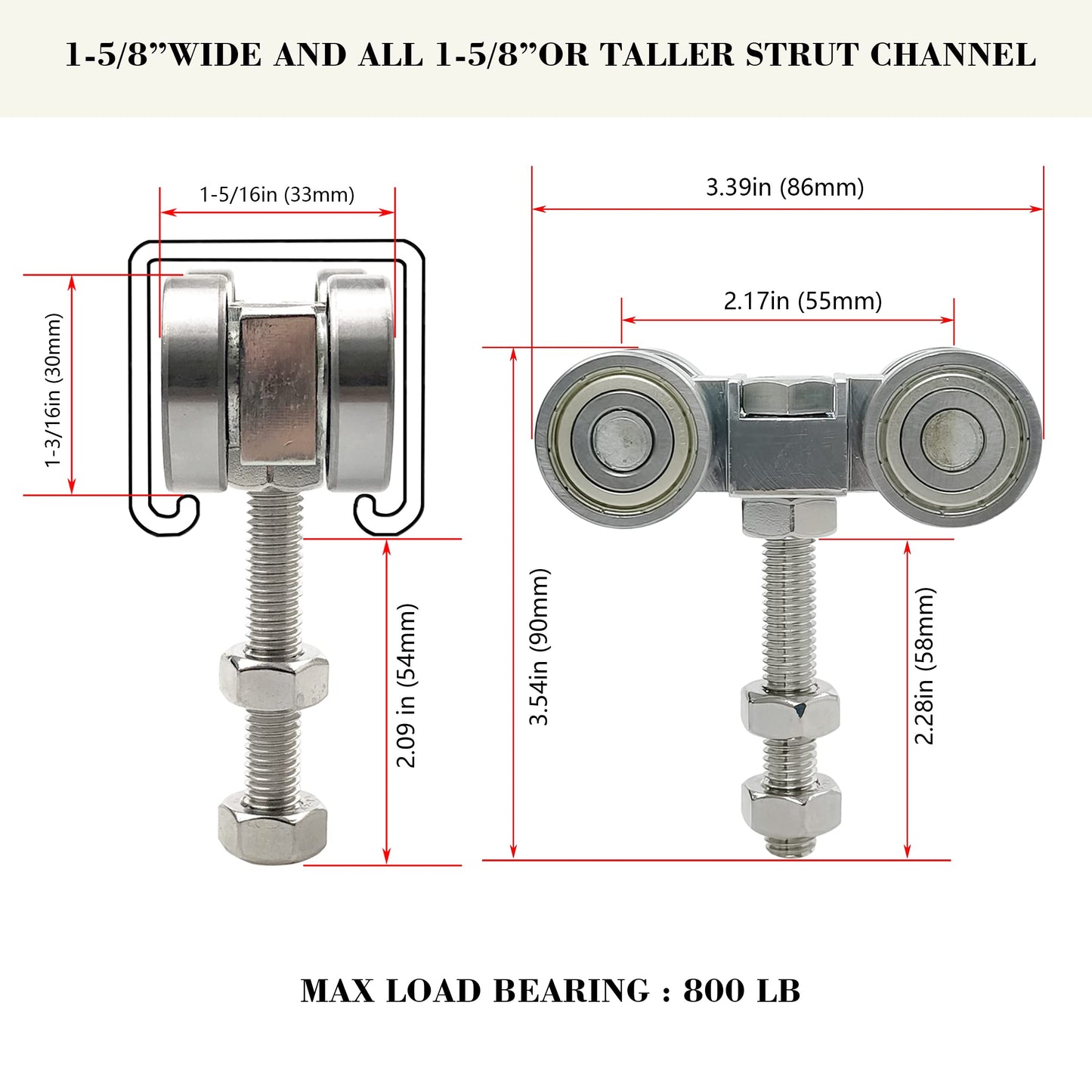 SIWOOD 4-Wheel Strut Channel Trolley 4 Pack, 800 LBS Load Capacity, Fits 1-5/8" Channel, Anti-Jam Groove, Quiet Bearings, M10 304 Stainless Steel Hardware for Indoor or Outdoor Use