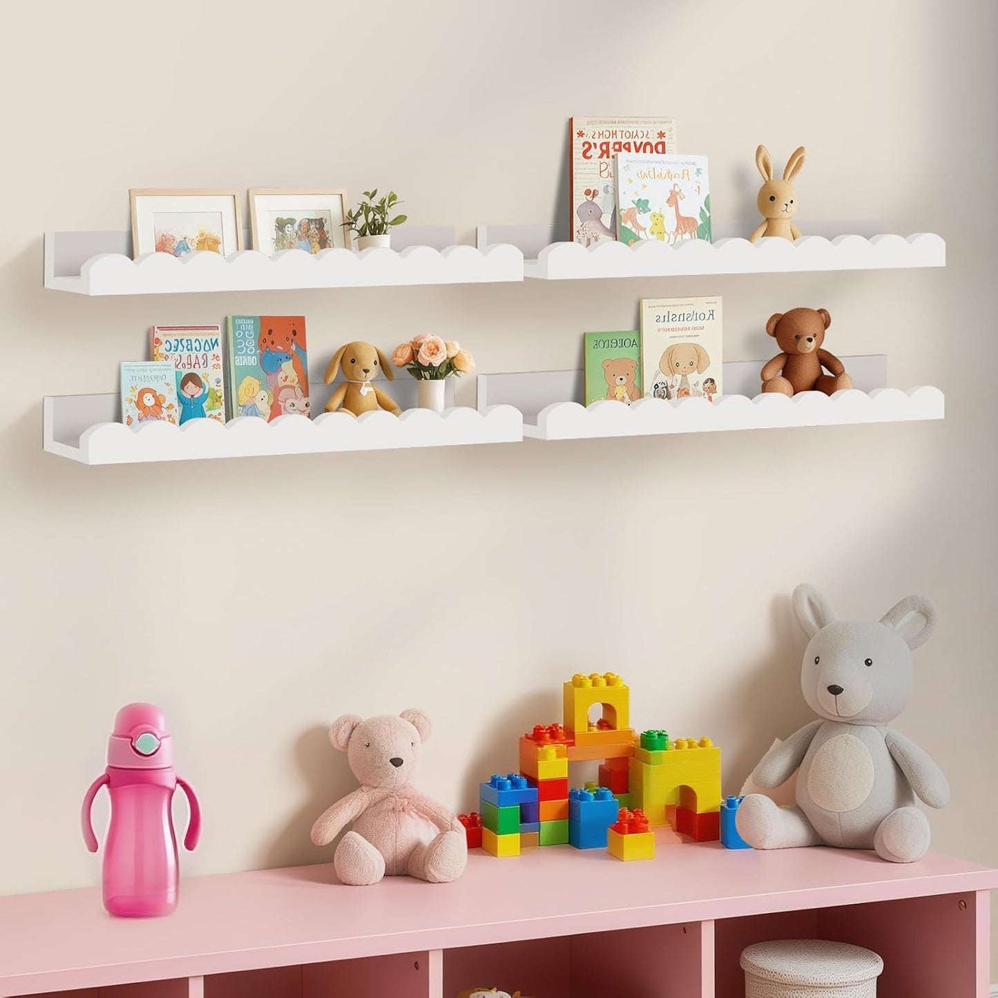Yirilan 4-Pack Floating Nursery Shelves - Scalloped Design for Kids' Rooms | White Finish