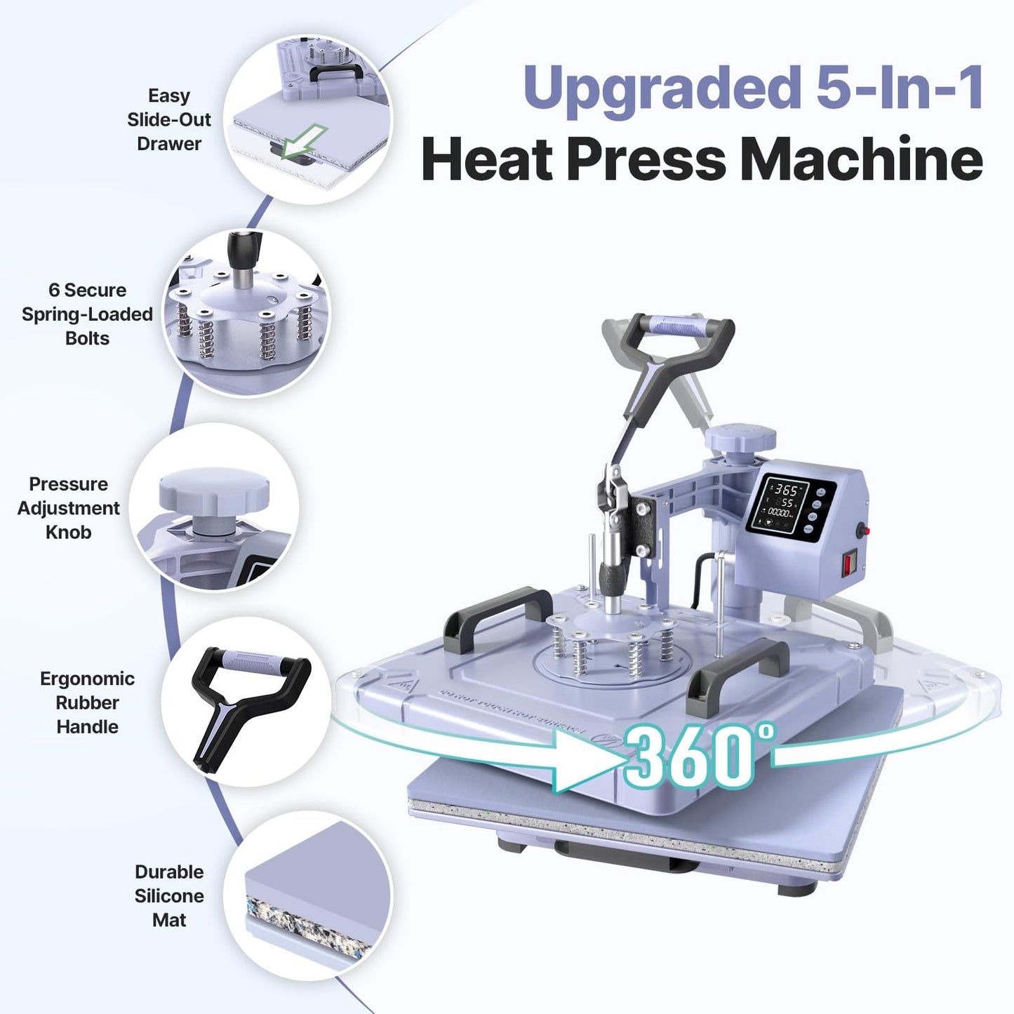 Slendor 15x15 Inch Heat Press 5 in 1 Heat Press Machine, 360-Degree Swing Away Digital T Shirt Pressing Machine Multifunction Heat Transfer Sublimation Combo for T Shirts Mugs Hat Plate Cap