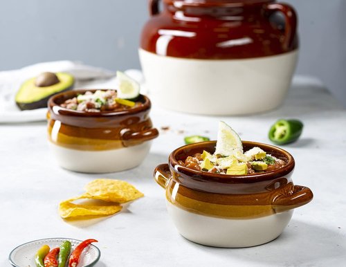 KooK French Onion Soup Bowl Set - Oven Safe Ceramic Crocks with Handles | 16oz & 18oz Capacity, Set of 4