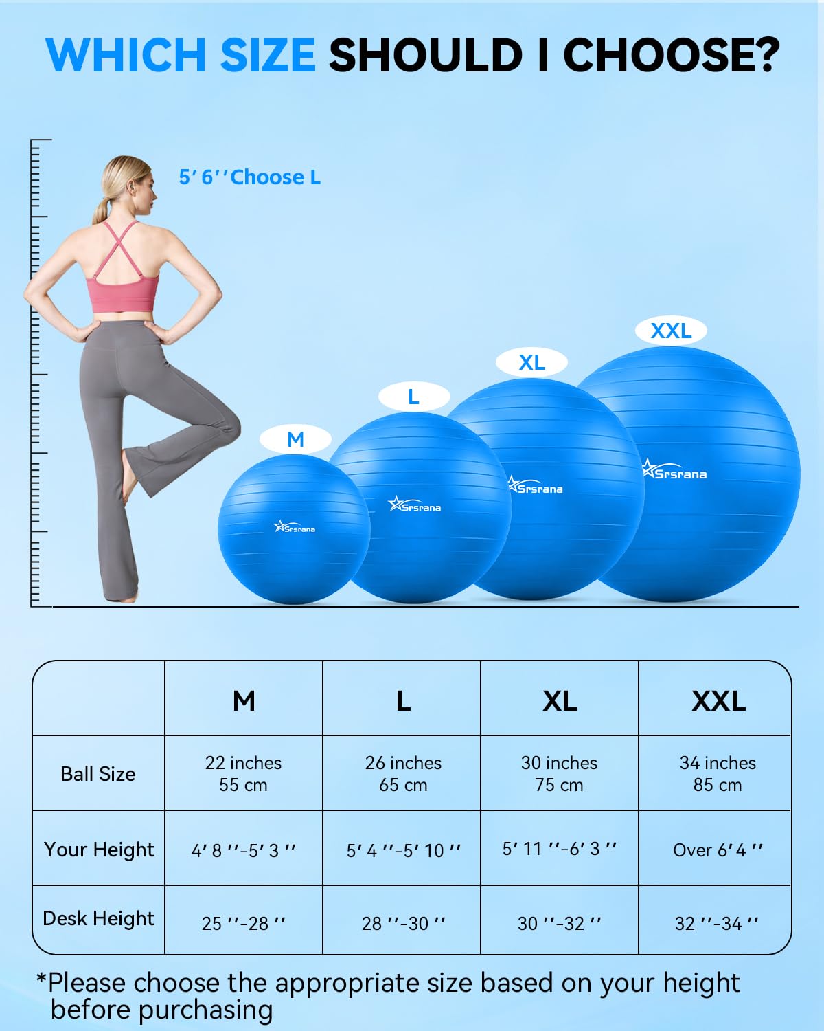 Srsrana Exercise Ball - Anti-Burst Yoga Ball for Pilates, Pregnancy & Core Stability - Ergonomic Office Desk Ball Chair & Physical Therapy Equipment, Quick Pump Included
