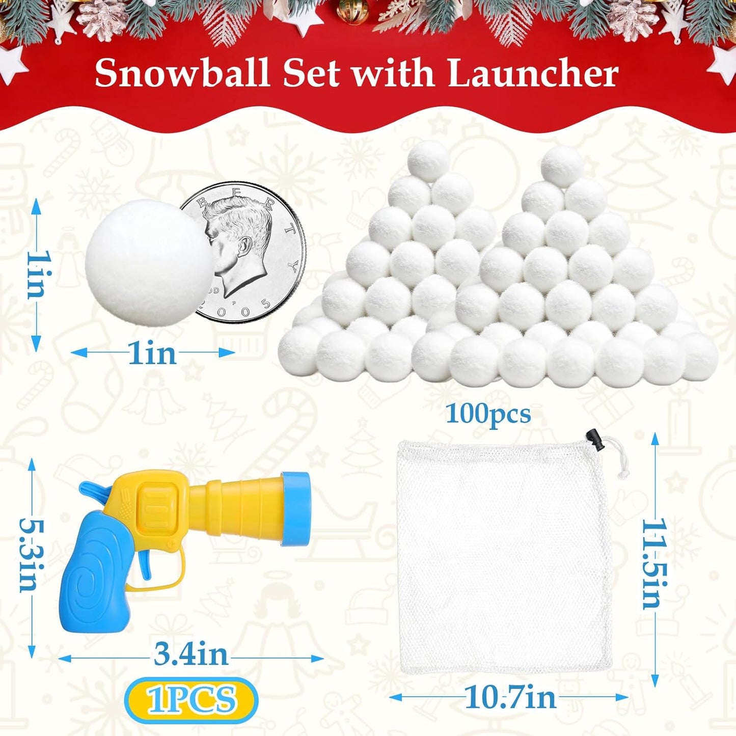 Vodolo Fake Snow Balls - 100 PCS Indoor Snowball Fight Set with Launcher & Snow Bag | Winter Fun